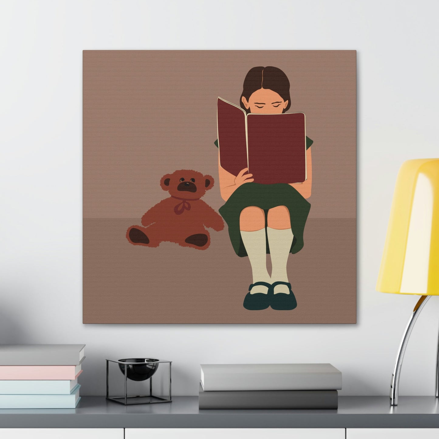 Woman Reading Book with Bear Cozy Cute Art Graphic Art Canvas Gallery Wraps Ichaku [Perfect Gifts Selection]