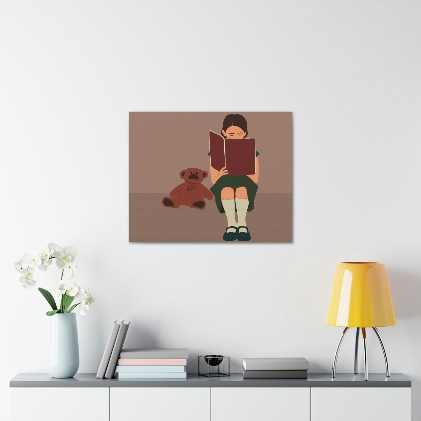 Woman Reading Book with Bear Cozy Cute Art Graphic Art Canvas Gallery Wraps Ichaku [Perfect Gifts Selection]