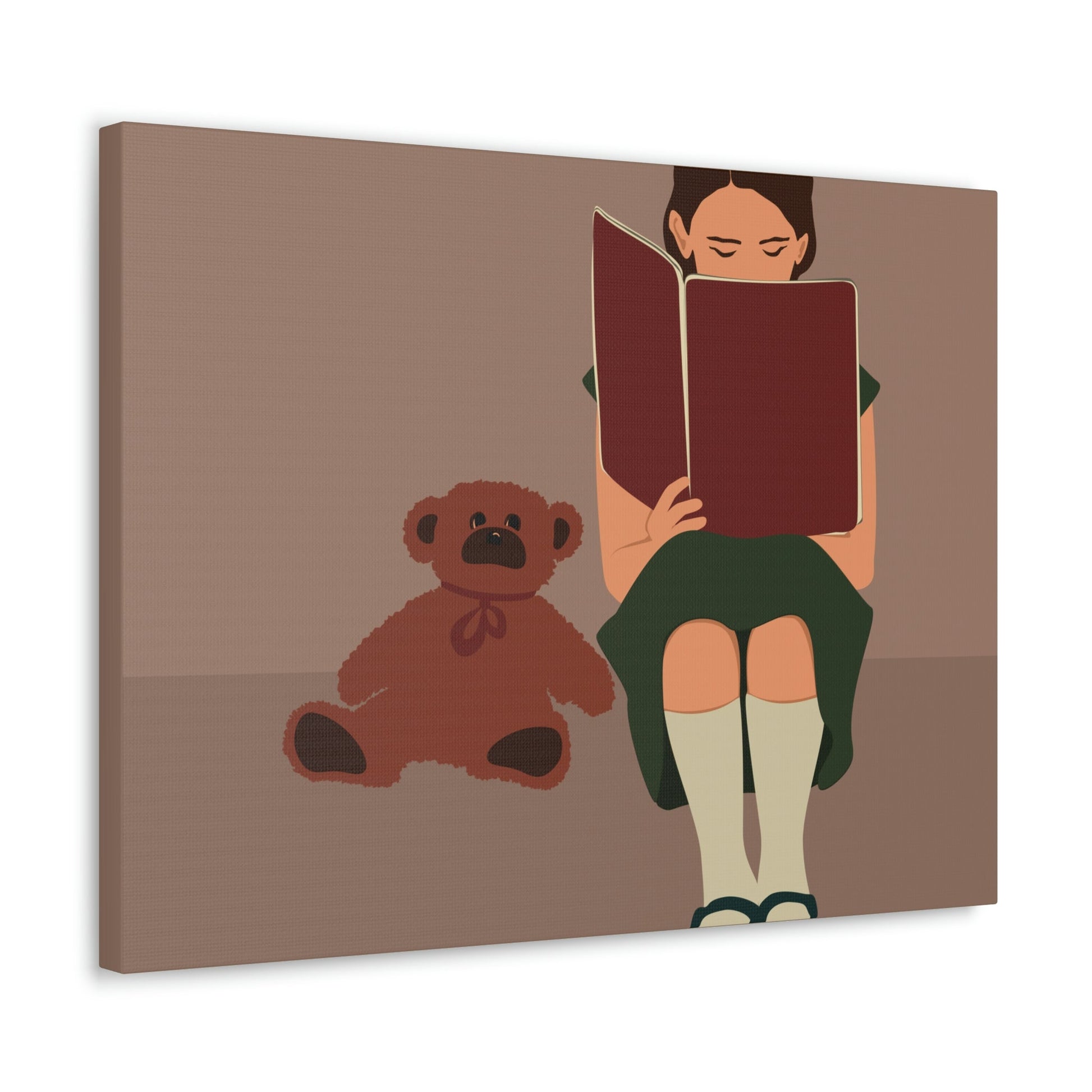 Woman Reading Book with Bear Cozy Cute Art Graphic Art Canvas Gallery Wraps Ichaku [Perfect Gifts Selection]