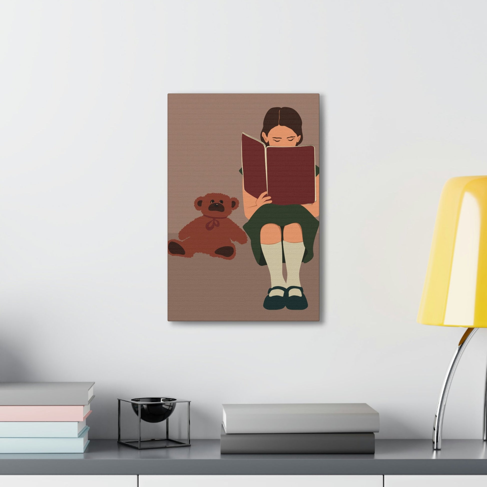 Woman Reading Book with Bear Cozy Cute Art Graphic Art Canvas Gallery Wraps Ichaku [Perfect Gifts Selection]