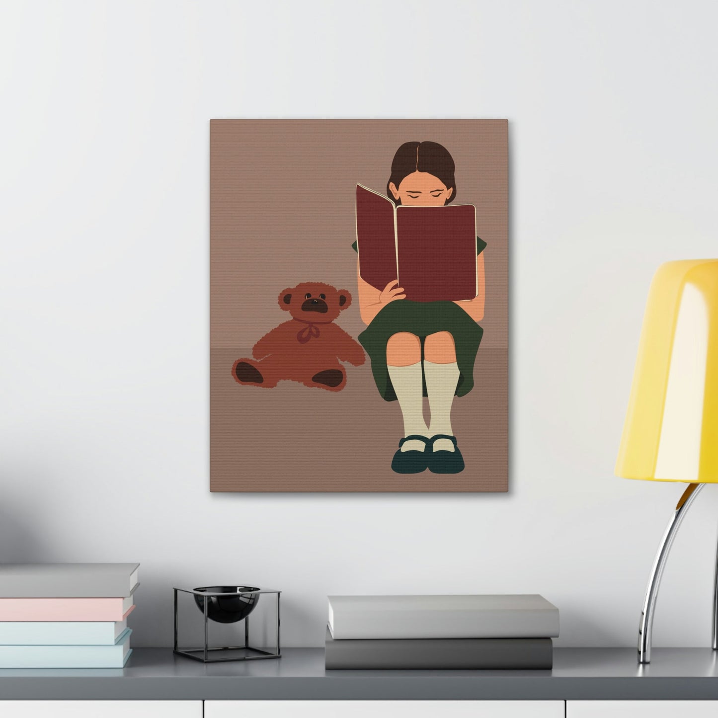 Woman Reading Book with Bear Cozy Cute Art Graphic Art Canvas Gallery Wraps Ichaku [Perfect Gifts Selection]