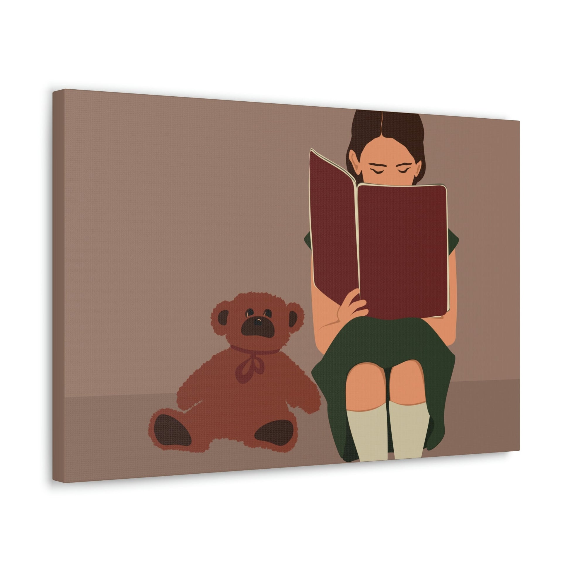 Woman Reading Book with Bear Cozy Cute Art Graphic Art Canvas Gallery Wraps Ichaku [Perfect Gifts Selection]