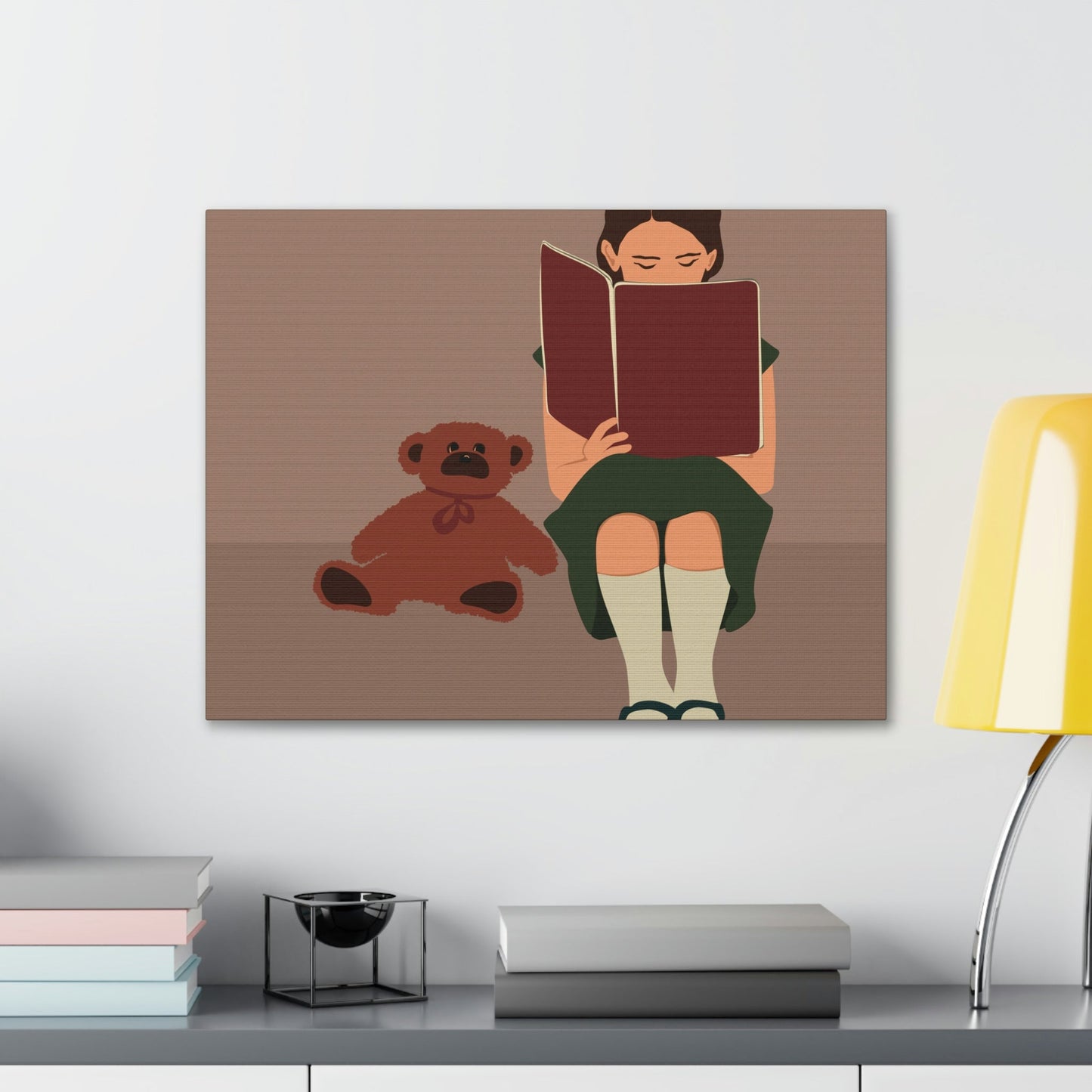 Woman Reading Book with Bear Cozy Cute Art Graphic Art Canvas Gallery Wraps Ichaku [Perfect Gifts Selection]