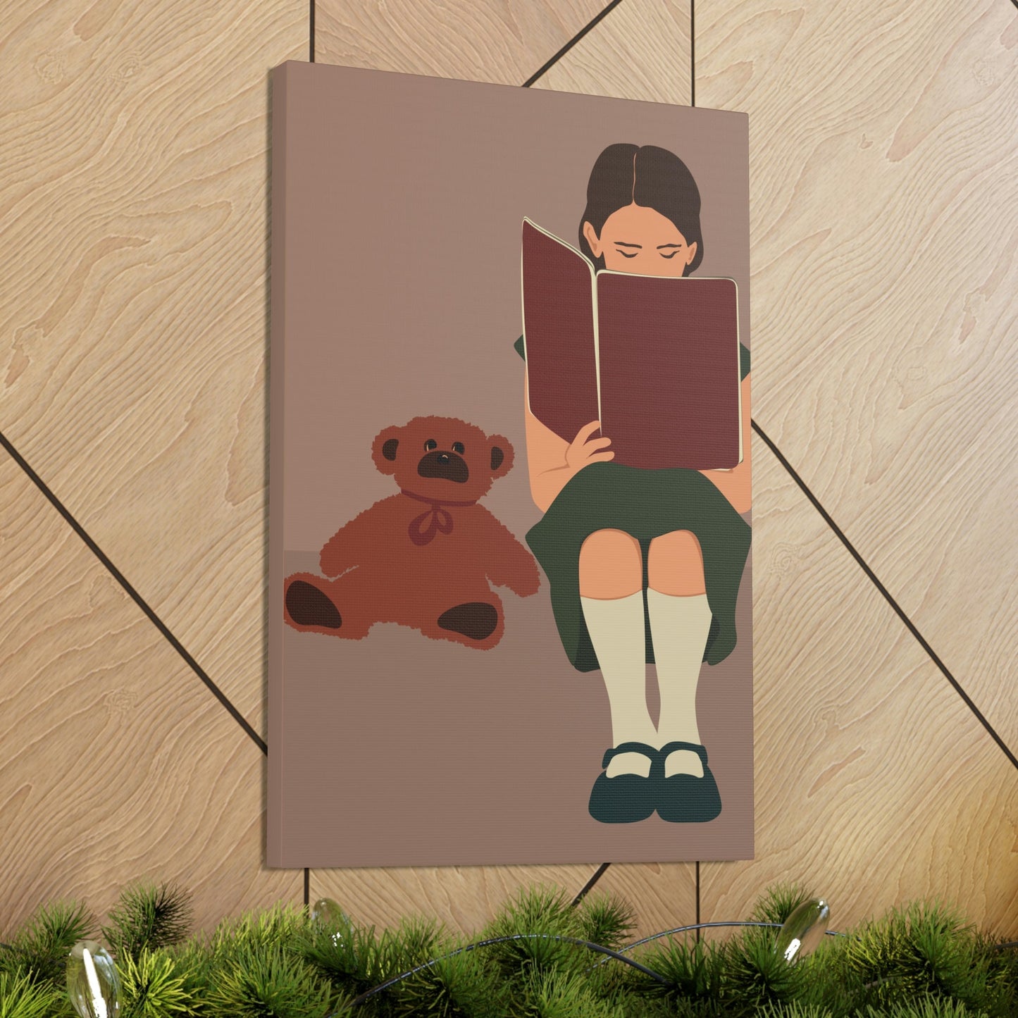 Woman Reading Book with Bear Cozy Cute Art Graphic Art Canvas Gallery Wraps Ichaku [Perfect Gifts Selection]