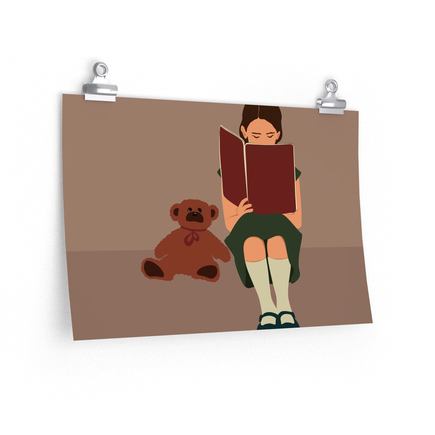 Woman Reading Book with Bear Cozy Cute Art Graphic Premium Matte Horizontal Posters Ichaku [Perfect Gifts Selection]
