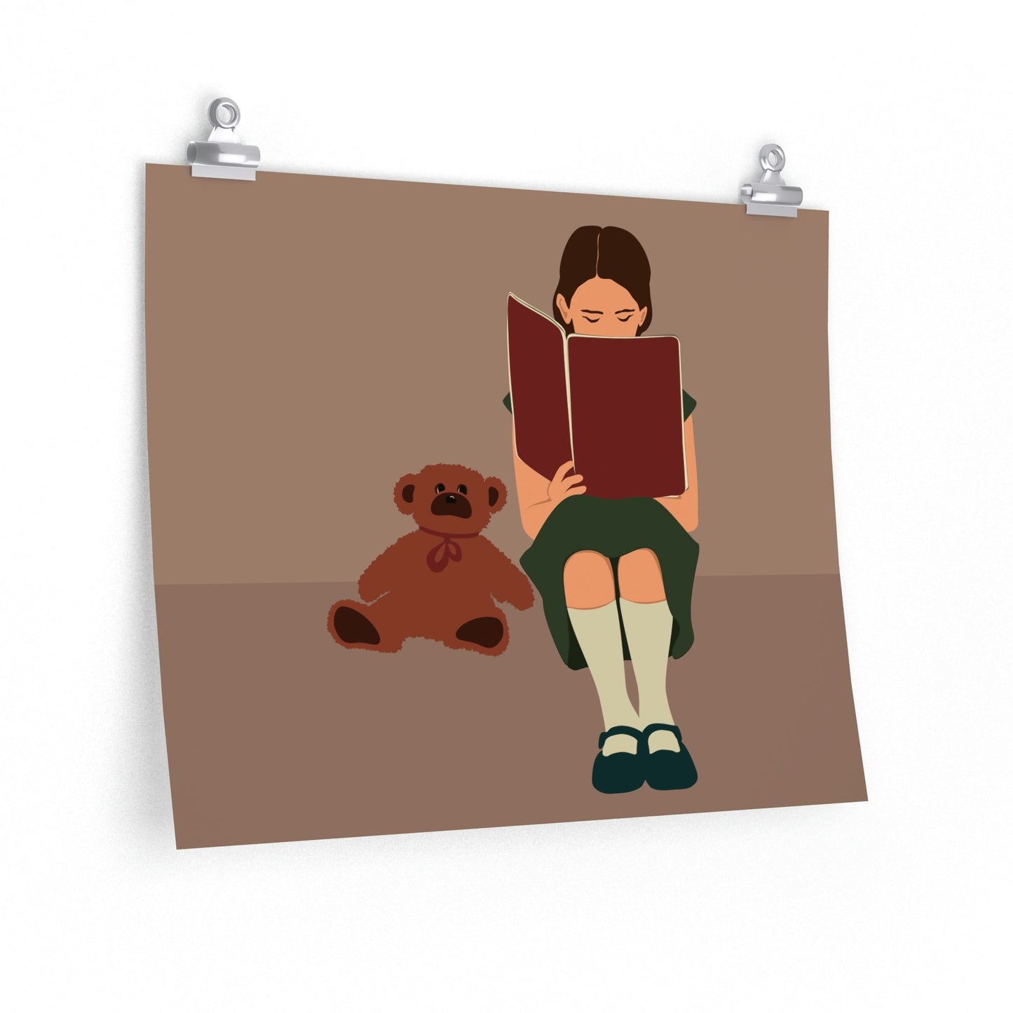 Woman Reading Book with Bear Cozy Cute Art Graphic Premium Matte Horizontal Posters Ichaku [Perfect Gifts Selection]