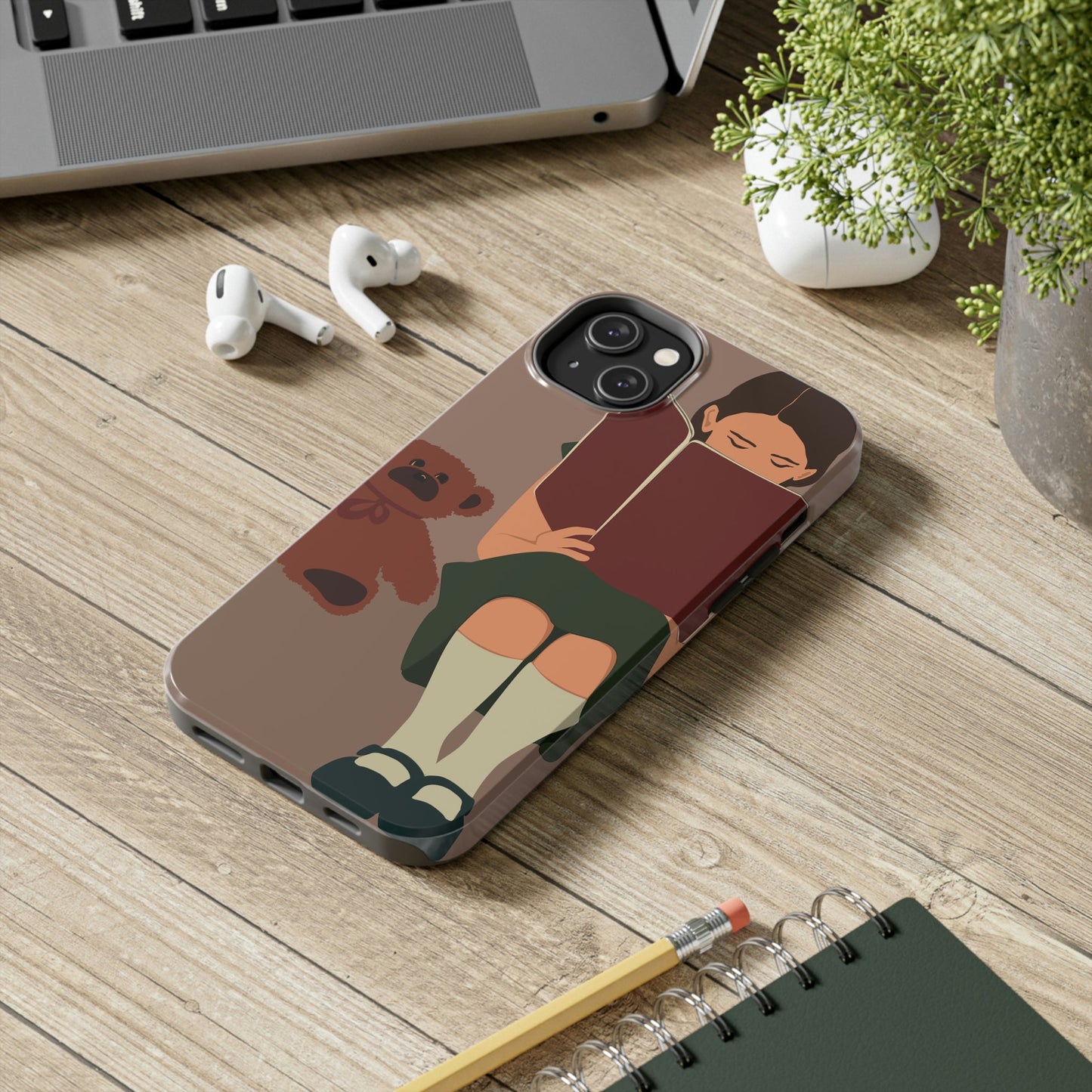 Woman Reading Book with Bear Cozy Cute Art Graphic Tough Phone Cases Case-Mate Ichaku [Perfect Gifts Selection]