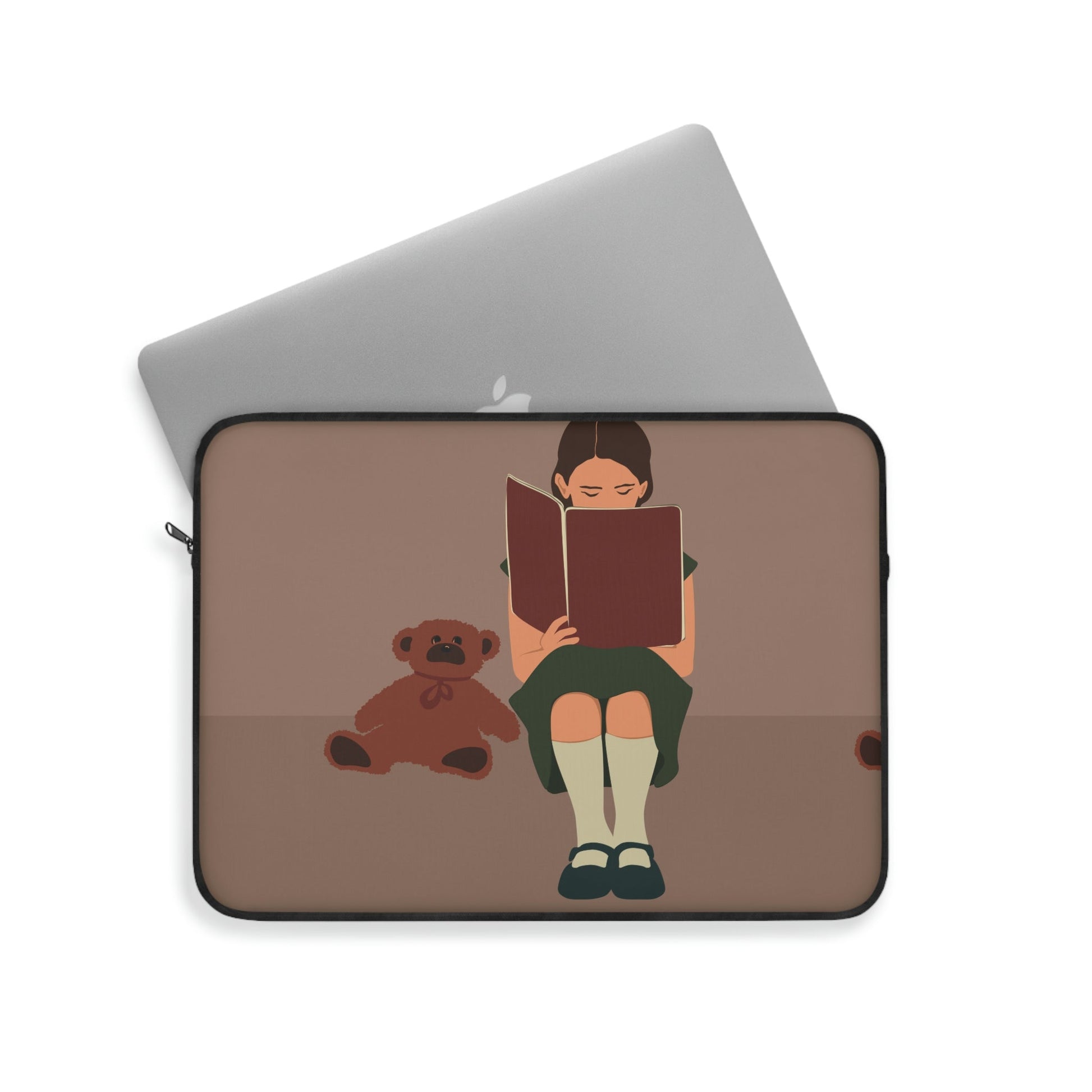 Woman Reading Book with Bear Cozy Cute Art Laptop Sleeve Ichaku [Perfect Gifts Selection]