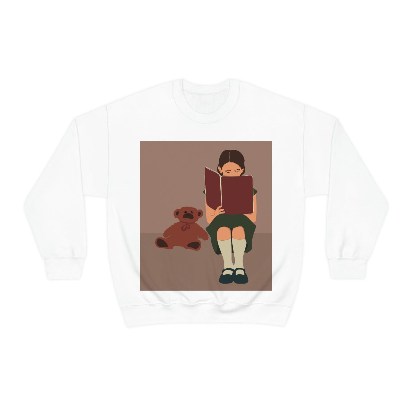 Woman Reading Book with Bear Cozy Cute Art Unisex Heavy Blend™ Crewneck Sweatshirt Ichaku [Perfect Gifts Selection]