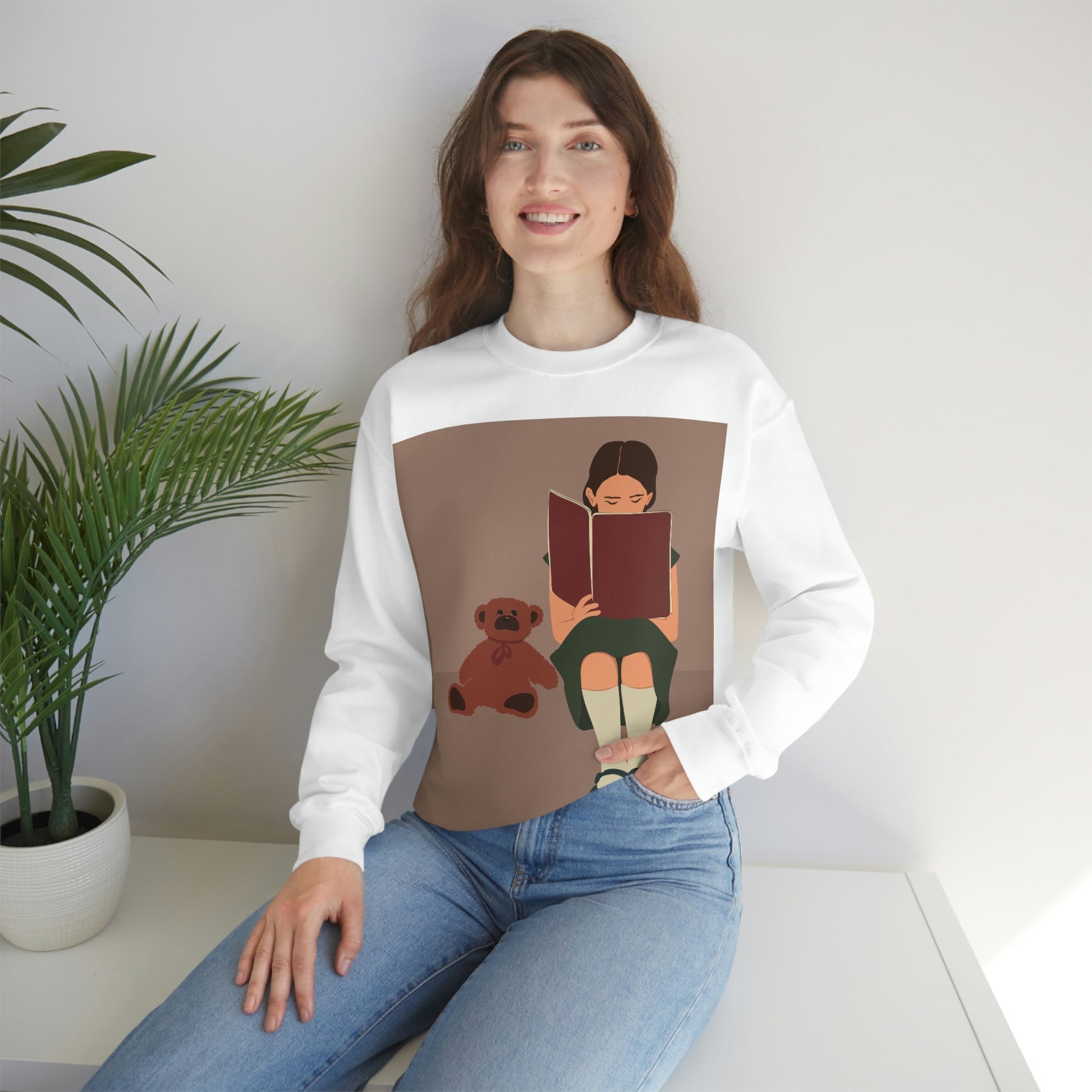 Woman Reading Book with Bear Cozy Cute Art Unisex Heavy Blend™ Crewneck Sweatshirt Ichaku [Perfect Gifts Selection]