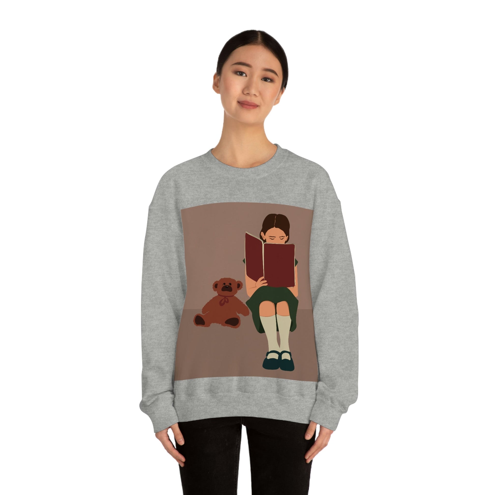 Woman Reading Book with Bear Cozy Cute Art Unisex Heavy Blend™ Crewneck Sweatshirt Ichaku [Perfect Gifts Selection]