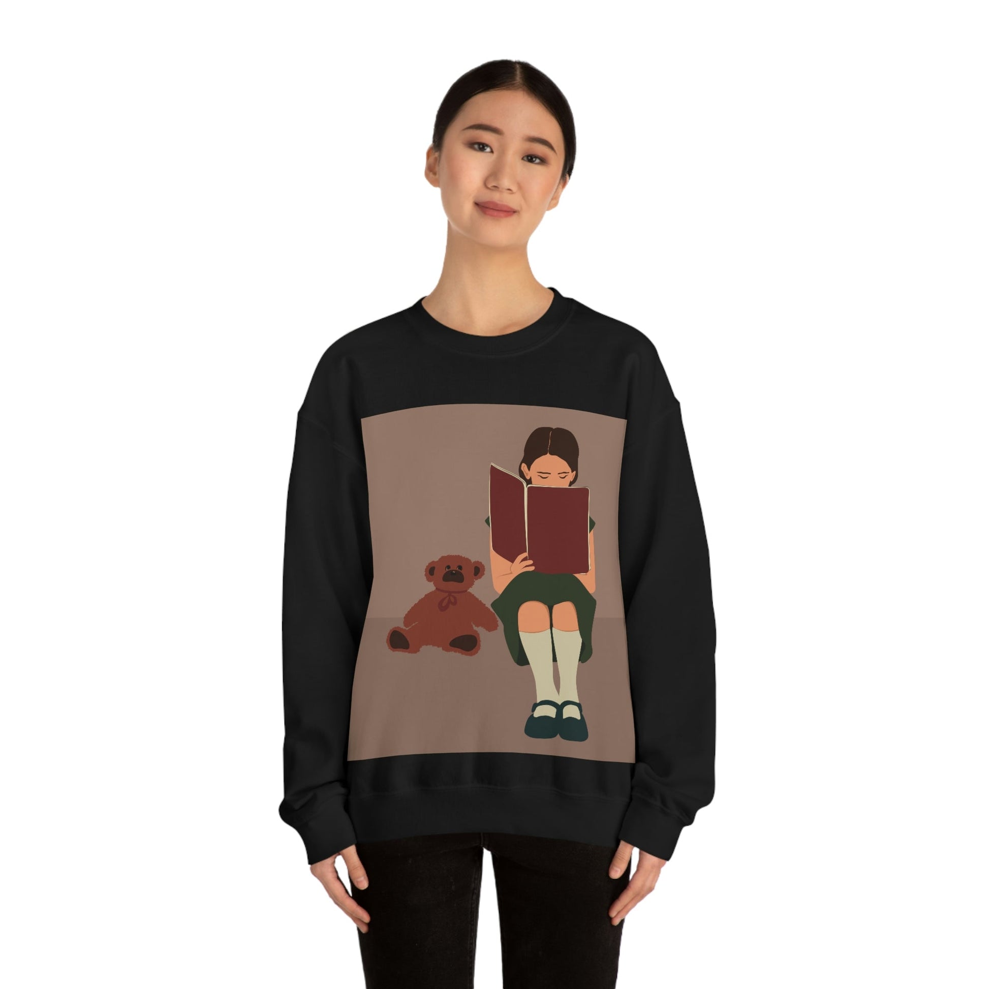 Woman Reading Book with Bear Cozy Cute Art Unisex Heavy Blend™ Crewneck Sweatshirt Ichaku [Perfect Gifts Selection]