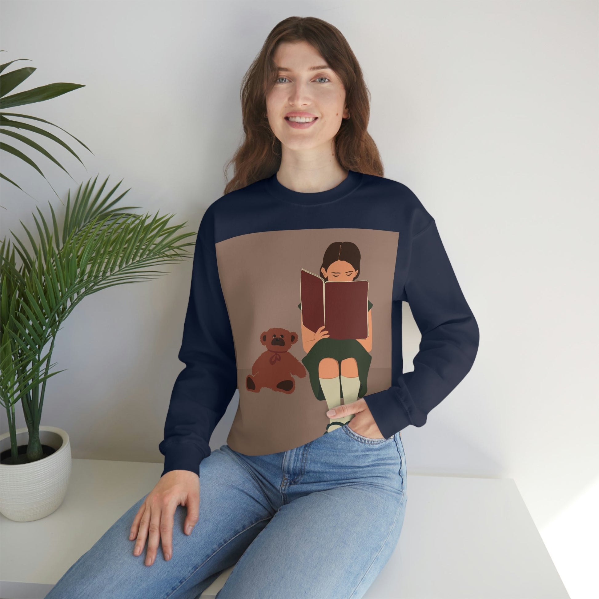 Woman Reading Book with Bear Cozy Cute Art Unisex Heavy Blend™ Crewneck Sweatshirt Ichaku [Perfect Gifts Selection]