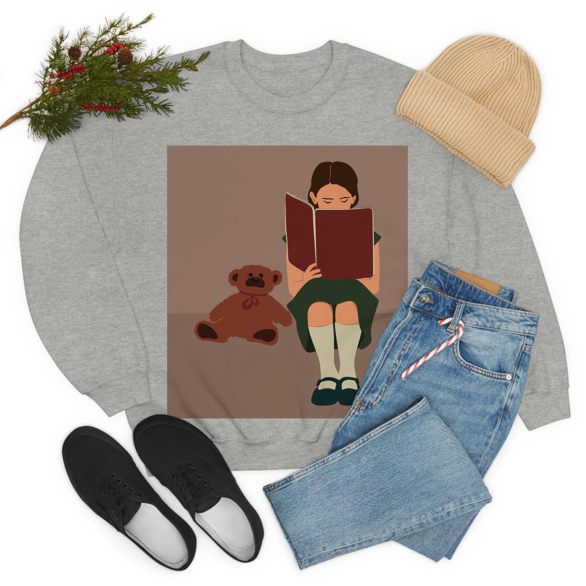 Woman Reading Book with Bear Cozy Cute Art Unisex Heavy Blend™ Crewneck Sweatshirt Ichaku [Perfect Gifts Selection]