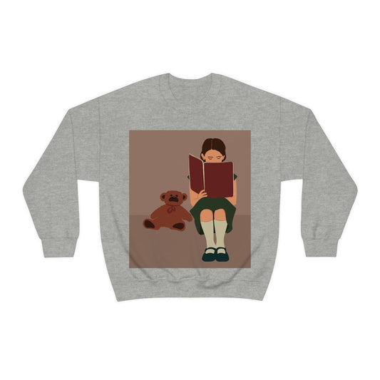 Woman Reading Book with Bear Cozy Cute Art Unisex Heavy Blend™ Crewneck Sweatshirt Ichaku [Perfect Gifts Selection]