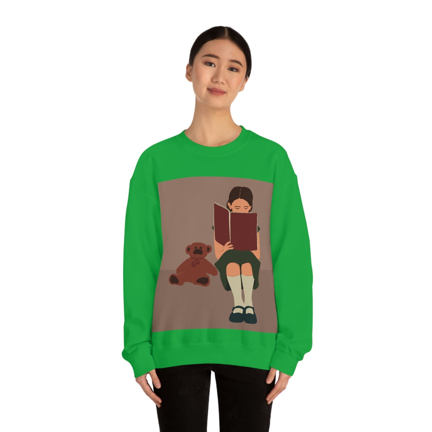 Woman Reading Book with Bear Cozy Cute Art Unisex Heavy Blend™ Crewneck Sweatshirt Ichaku [Perfect Gifts Selection]