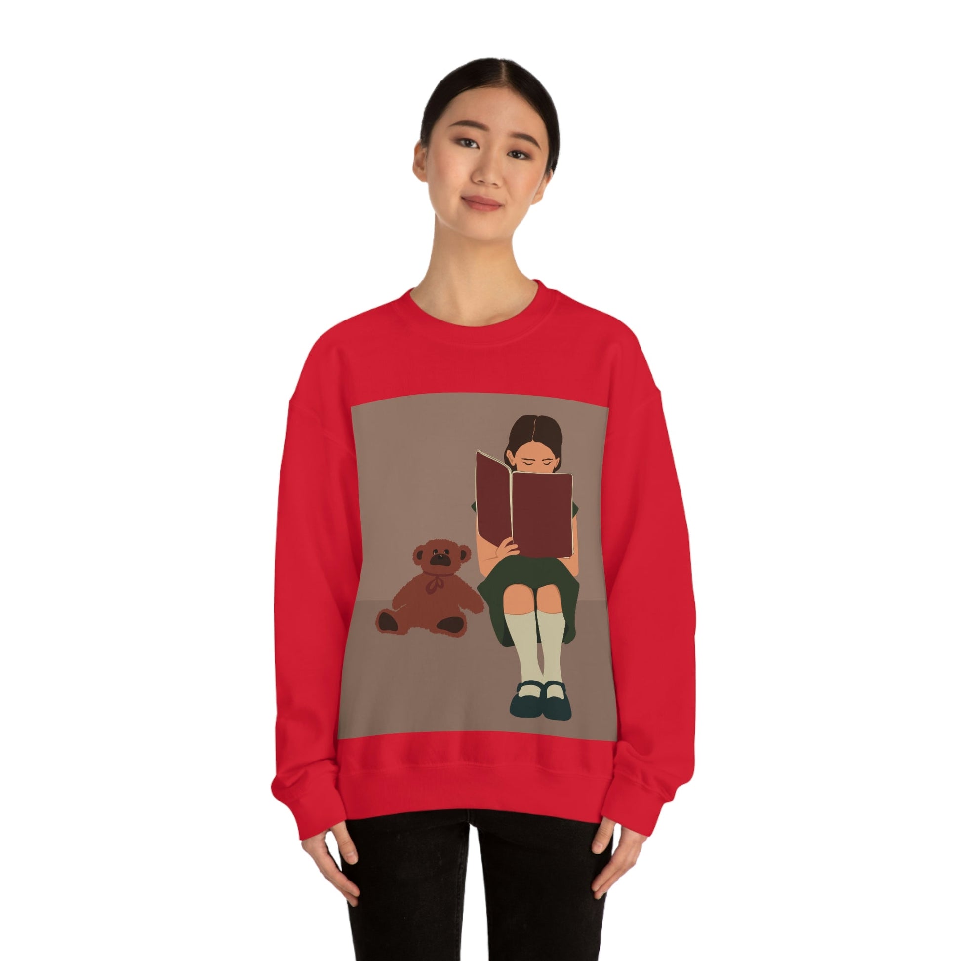 Woman Reading Book with Bear Cozy Cute Art Unisex Heavy Blend™ Crewneck Sweatshirt Ichaku [Perfect Gifts Selection]