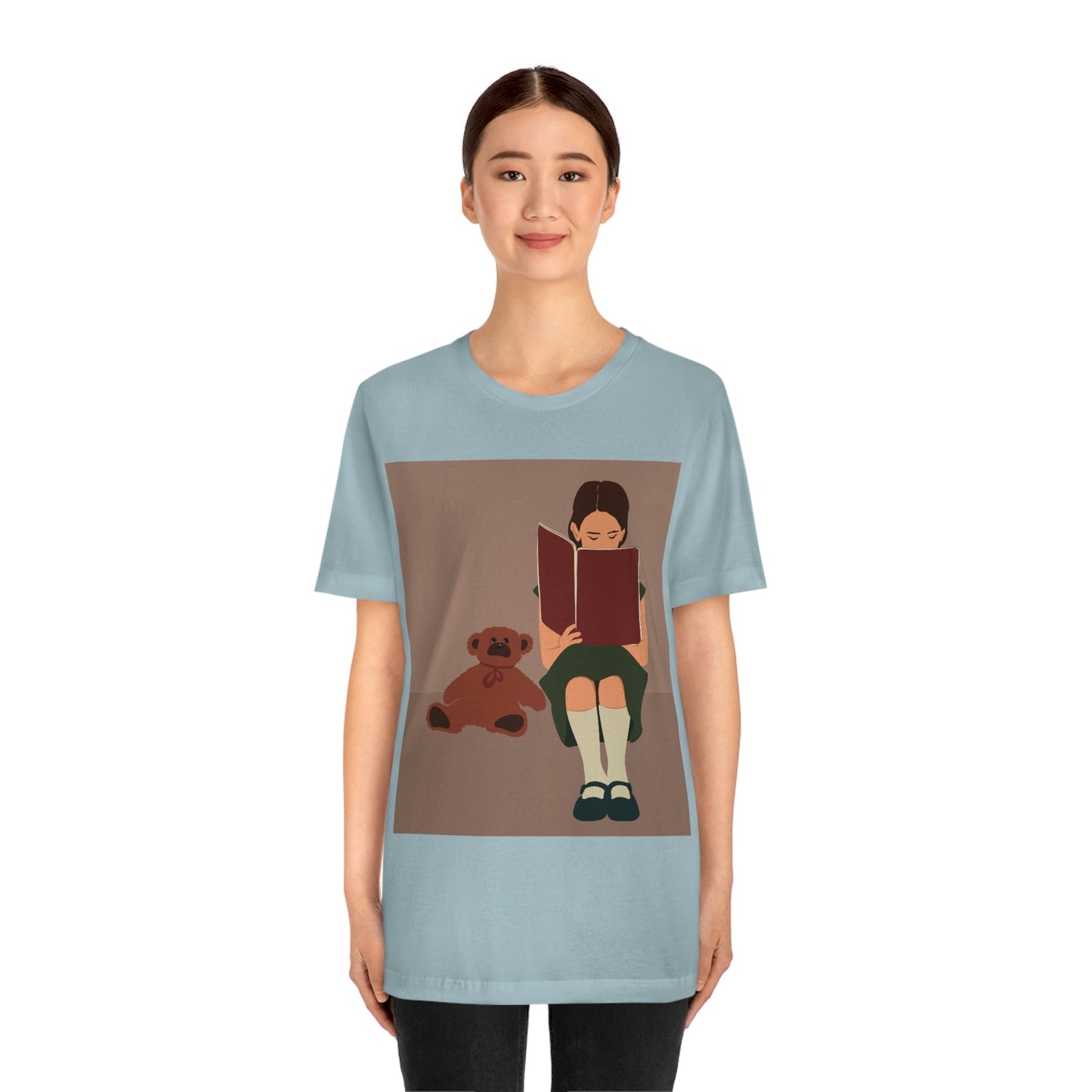 Woman Reading Book with Bear Cozy Cute Art Unisex Jersey Short Sleeve T-Shirt Ichaku [Perfect Gifts Selection]