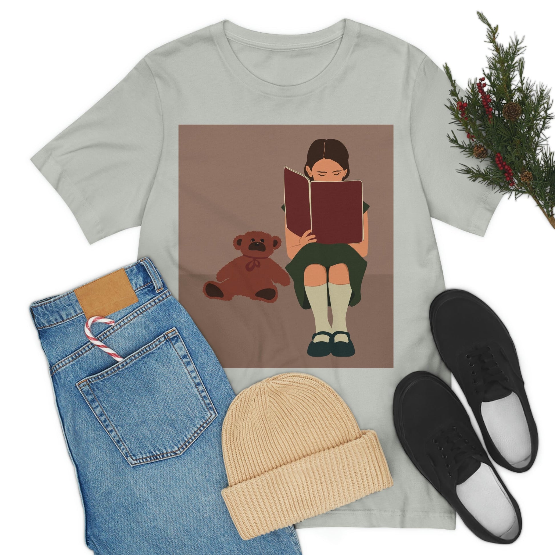 Woman Reading Book with Bear Cozy Cute Art Unisex Jersey Short Sleeve T-Shirt Ichaku [Perfect Gifts Selection]