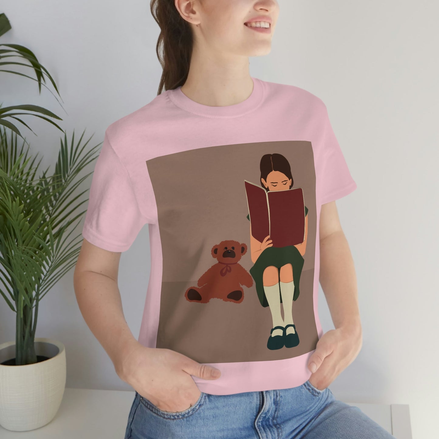 Woman Reading Book with Bear Cozy Cute Art Unisex Jersey Short Sleeve T-Shirt Ichaku [Perfect Gifts Selection]