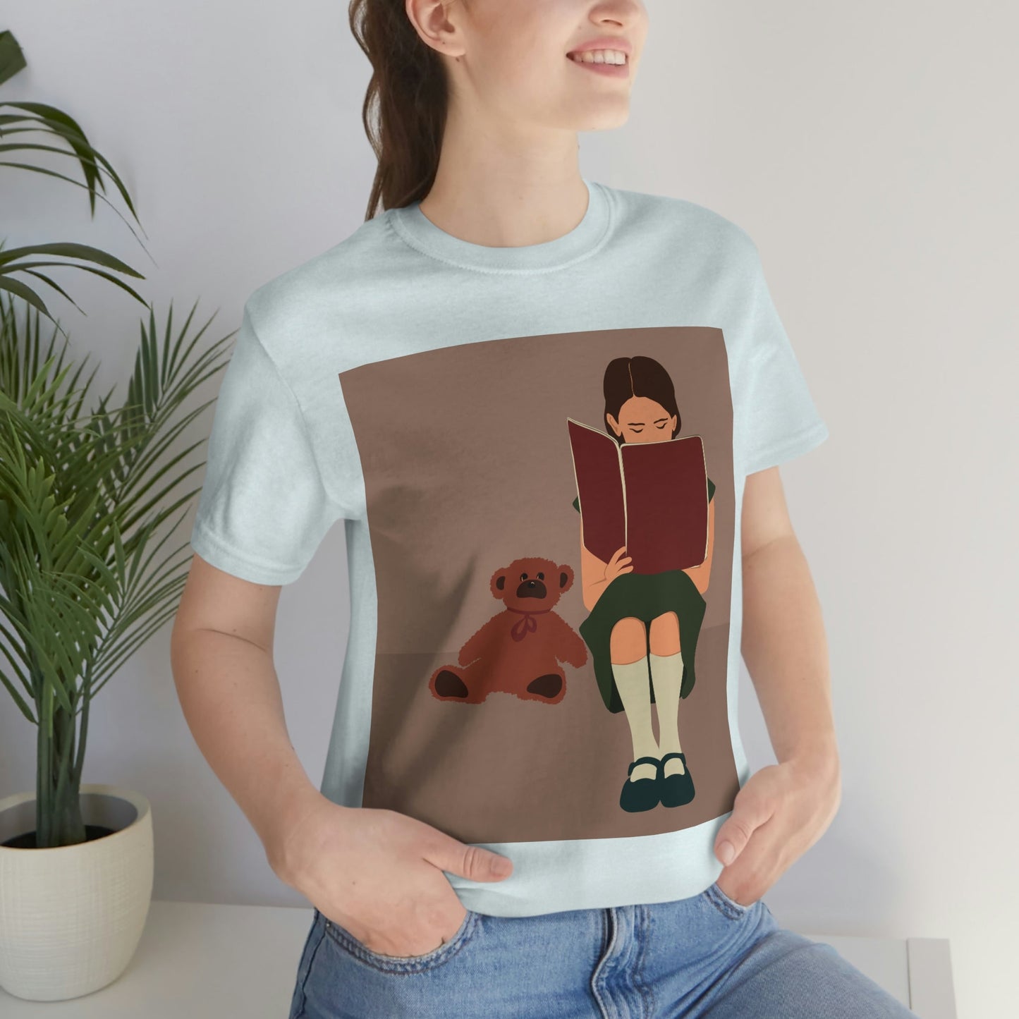 Woman Reading Book with Bear Cozy Cute Art Unisex Jersey Short Sleeve T-Shirt Ichaku [Perfect Gifts Selection]