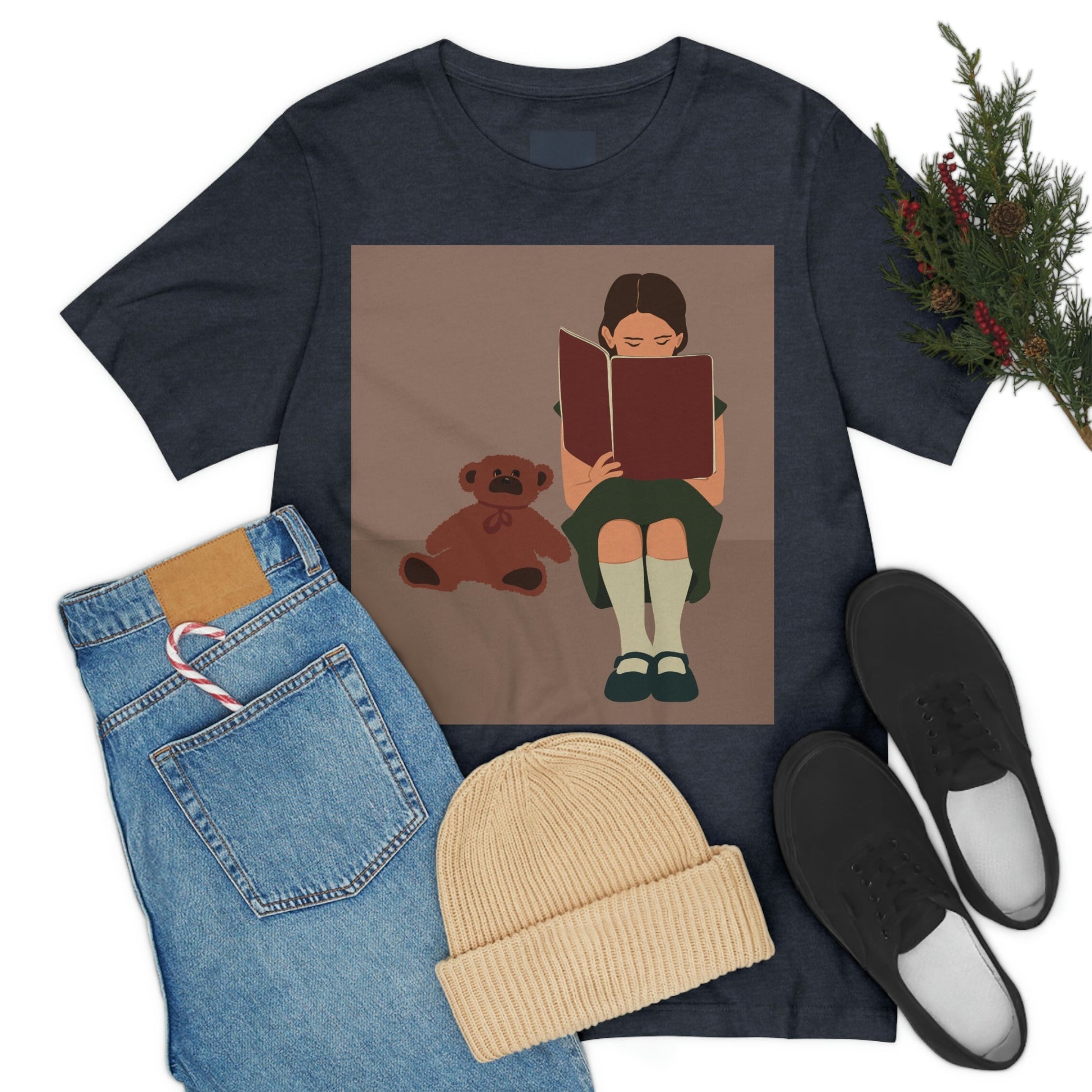 Woman Reading Book with Bear Cozy Cute Art Unisex Jersey Short Sleeve T-Shirt Ichaku [Perfect Gifts Selection]