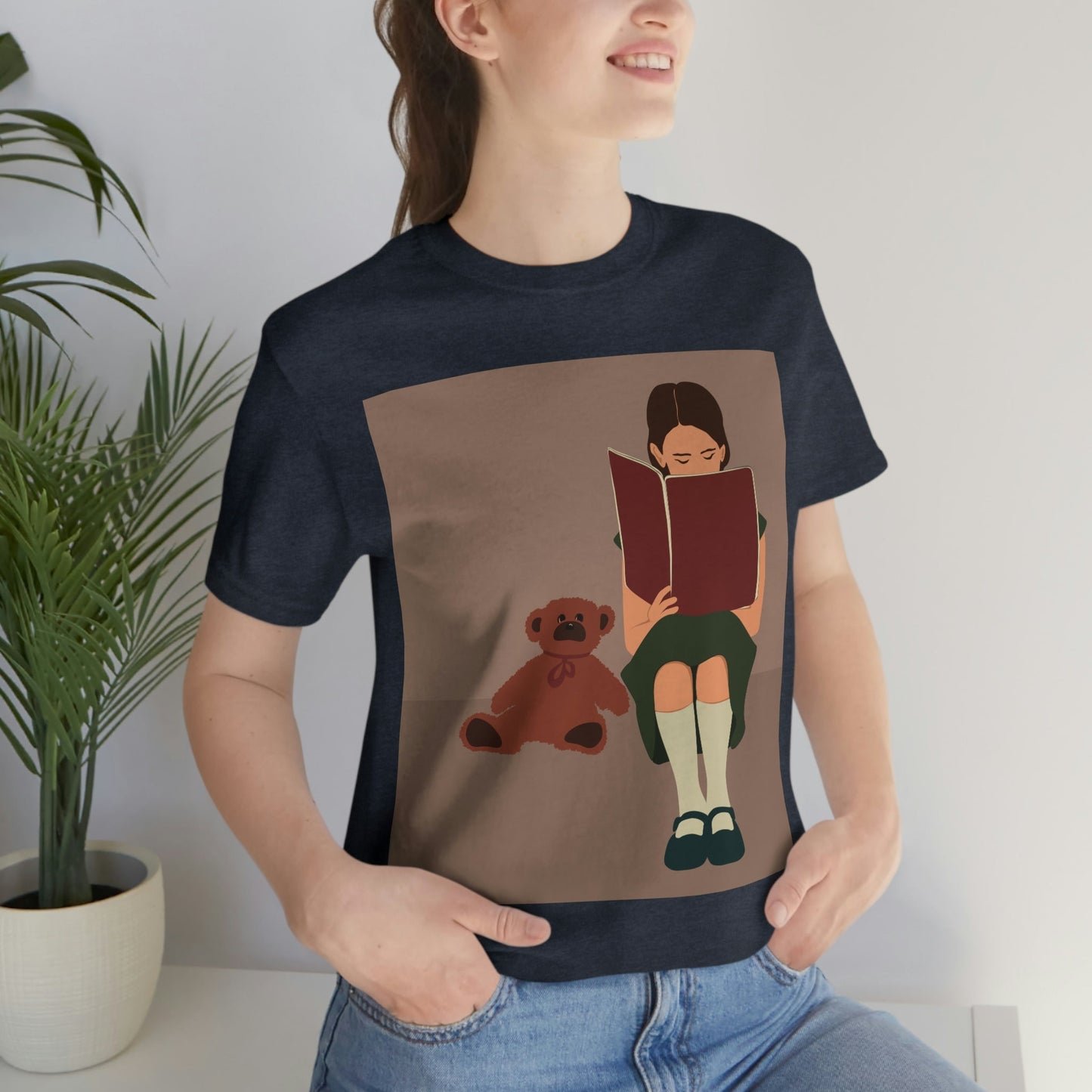 Woman Reading Book with Bear Cozy Cute Art Unisex Jersey Short Sleeve T-Shirt Ichaku [Perfect Gifts Selection]