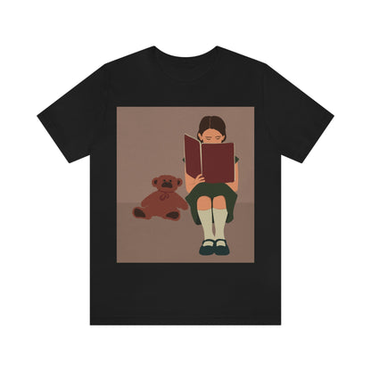 Woman Reading Book with Bear Cozy Cute Art Unisex Jersey Short Sleeve T-Shirt Ichaku [Perfect Gifts Selection]