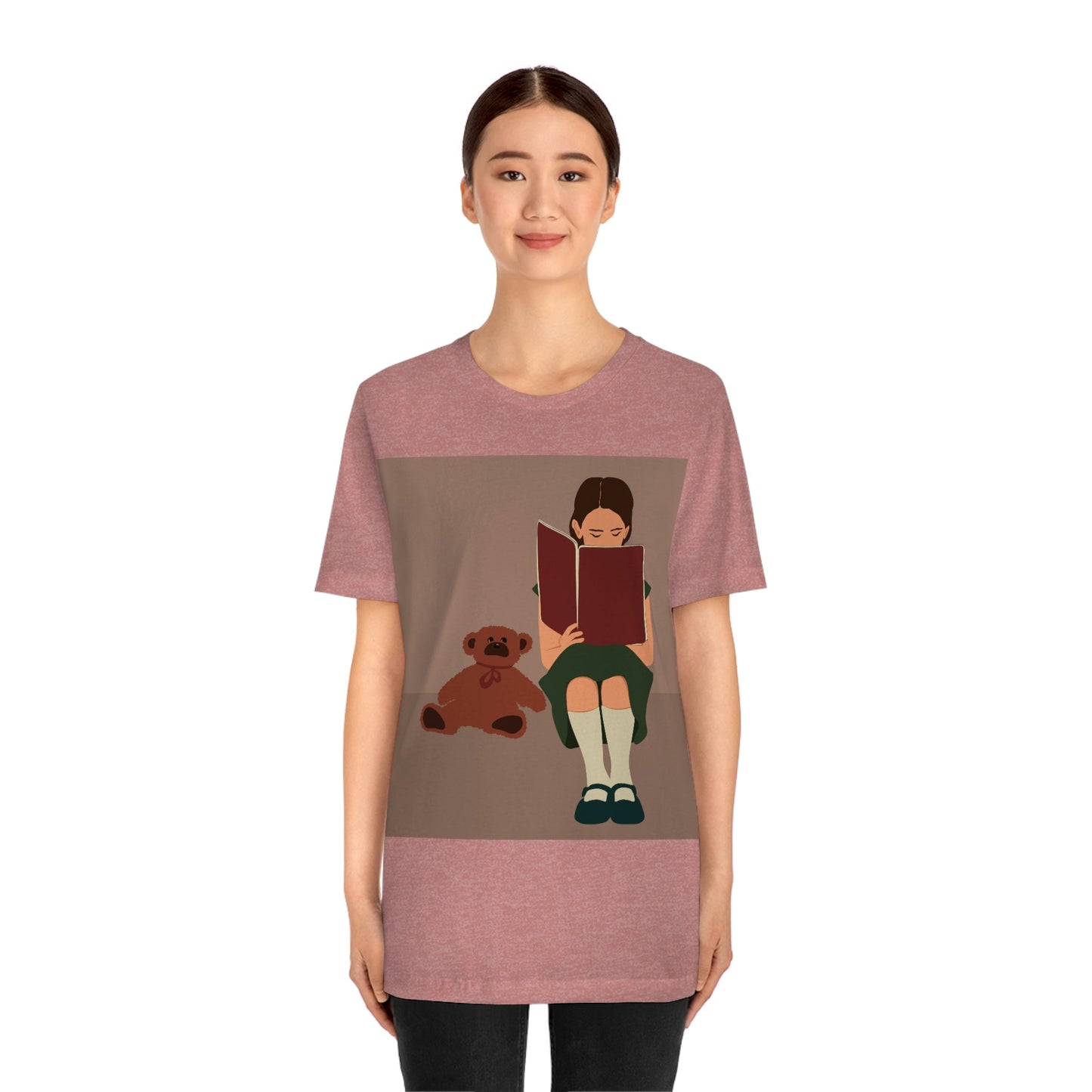 Woman Reading Book with Bear Cozy Cute Art Unisex Jersey Short Sleeve T-Shirt Ichaku [Perfect Gifts Selection]