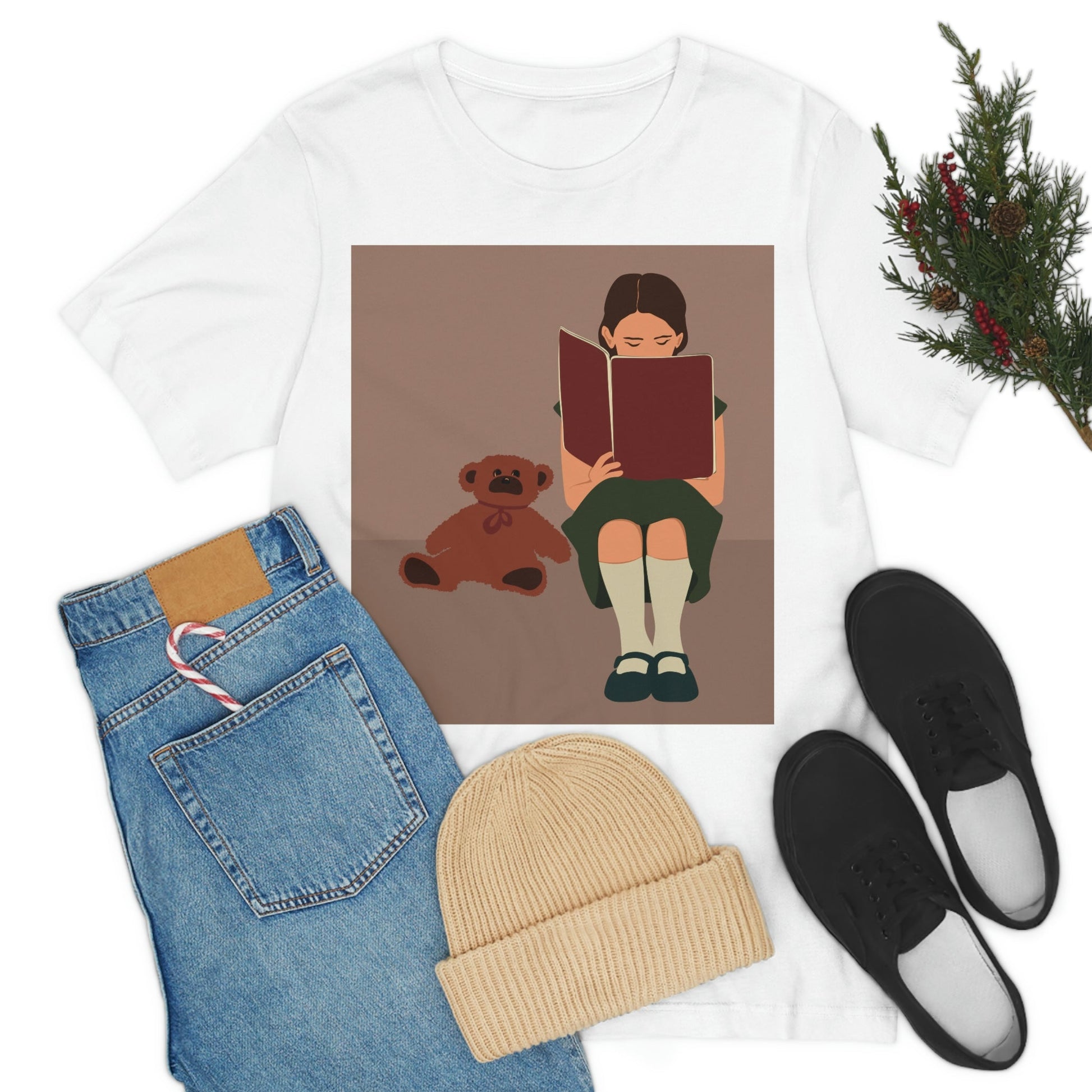 Woman Reading Book with Bear Cozy Cute Art Unisex Jersey Short Sleeve T-Shirt Ichaku [Perfect Gifts Selection]