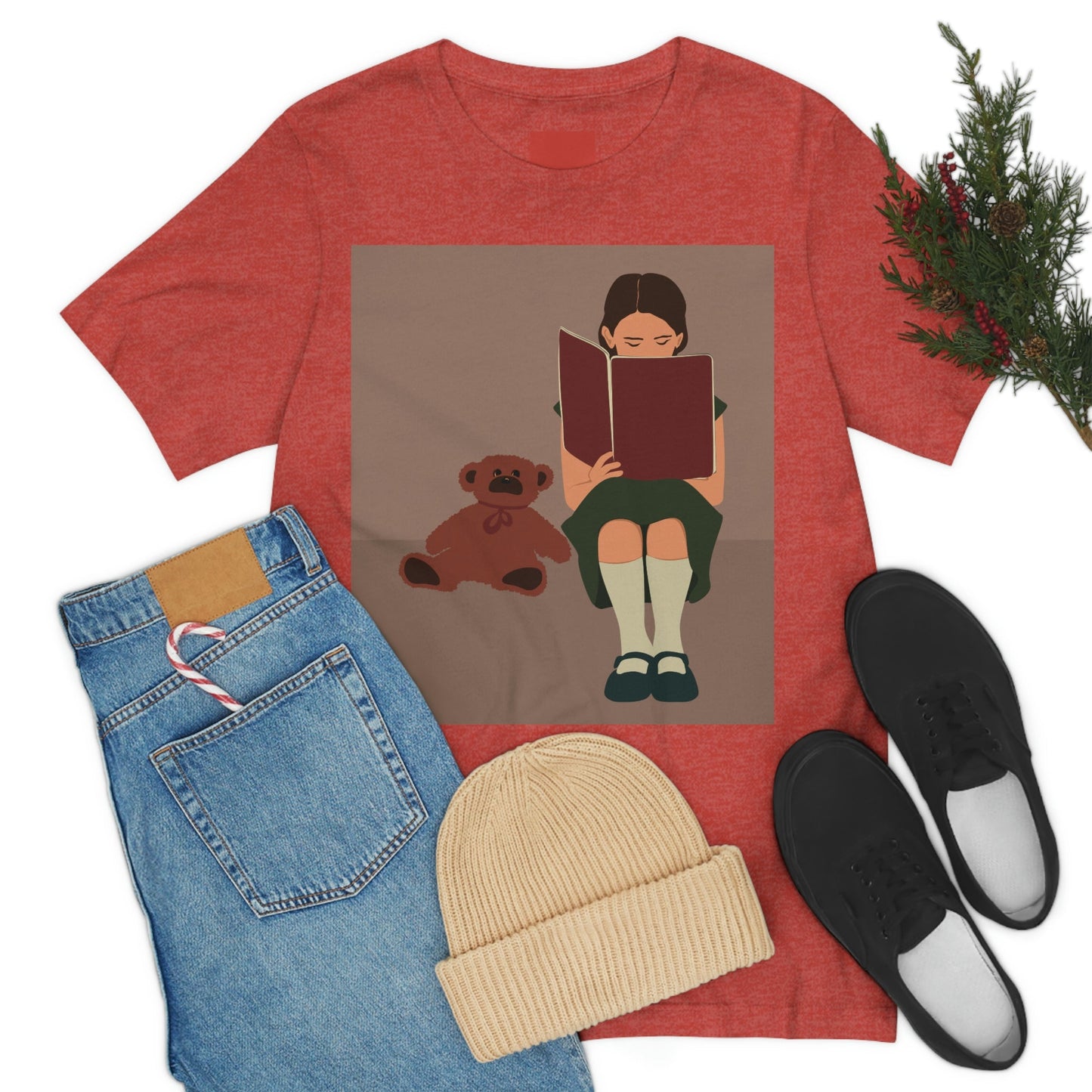 Woman Reading Book with Bear Cozy Cute Art Unisex Jersey Short Sleeve T-Shirt Ichaku [Perfect Gifts Selection]