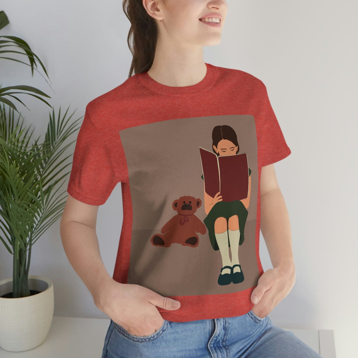 Woman Reading Book with Bear Cozy Cute Art Unisex Jersey Short Sleeve T-Shirt Ichaku [Perfect Gifts Selection]