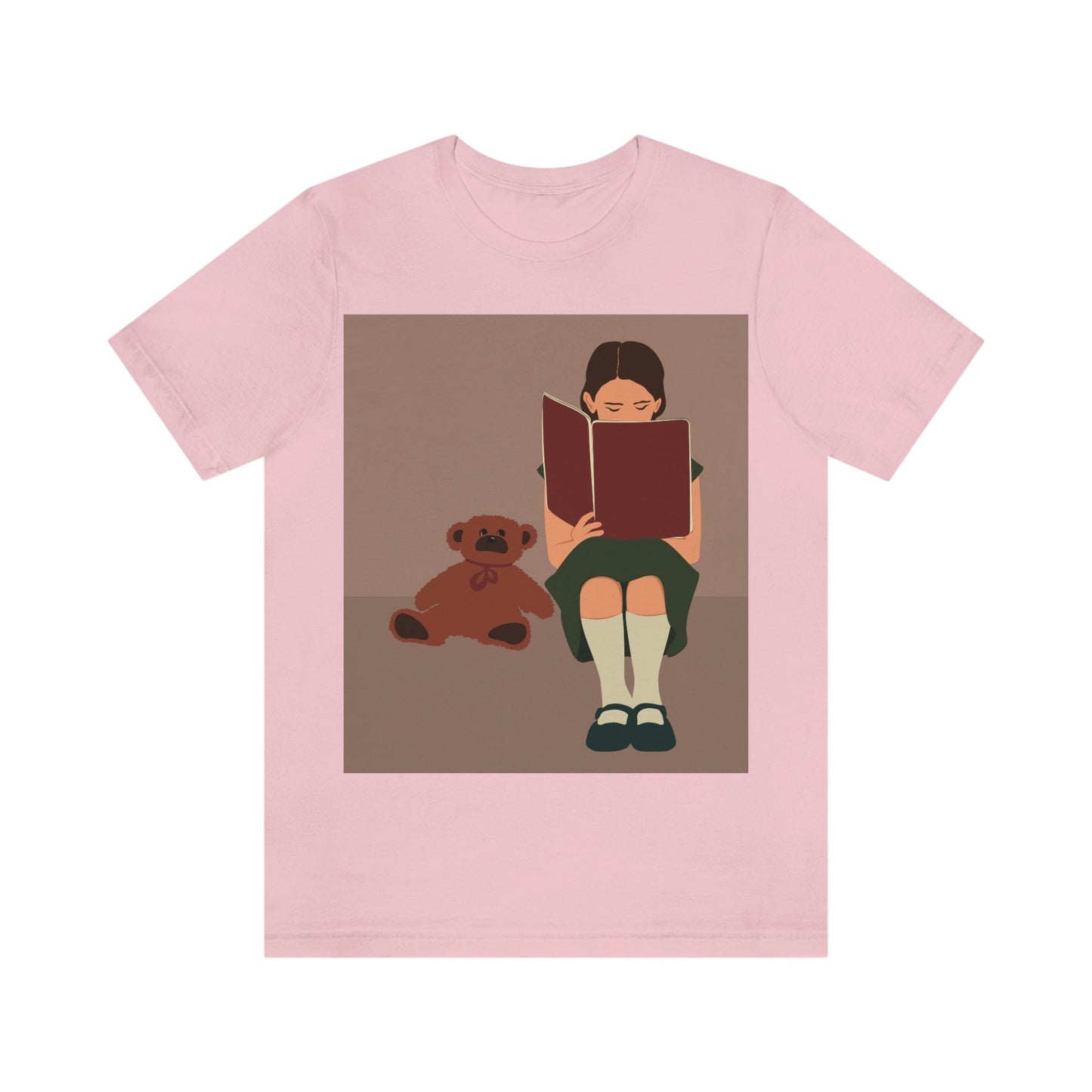 Woman Reading Book with Bear Cozy Cute Art Unisex Jersey Short Sleeve T-Shirt Ichaku [Perfect Gifts Selection]