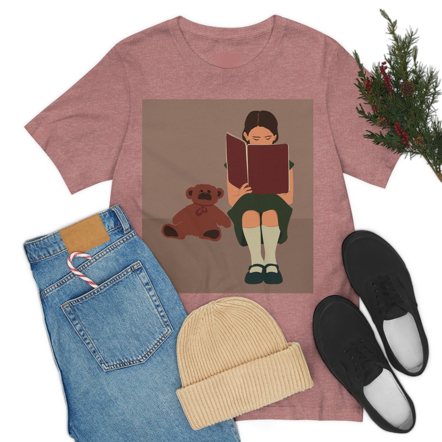 Woman Reading Book with Bear Cozy Cute Art Unisex Jersey Short Sleeve T-Shirt Ichaku [Perfect Gifts Selection]