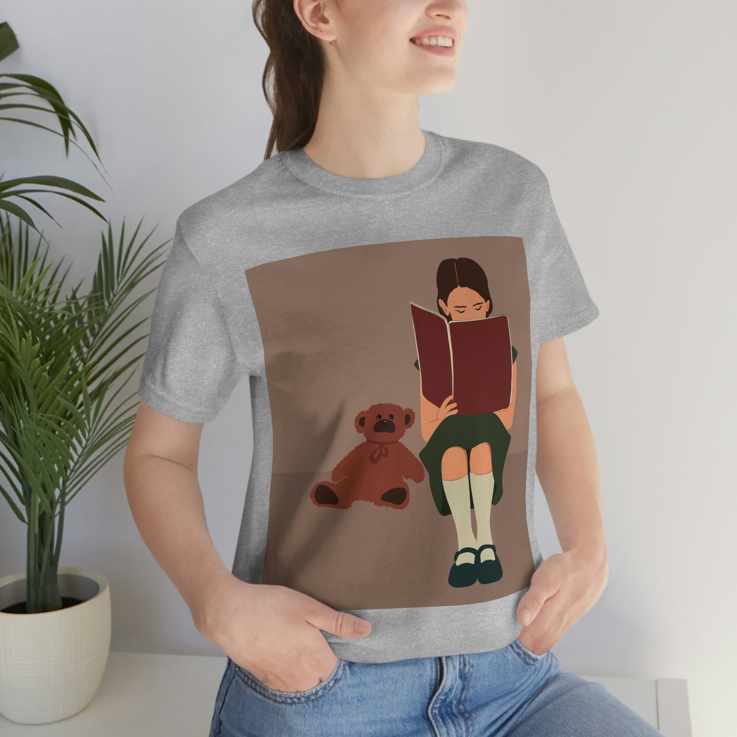 Woman Reading Book with Bear Cozy Cute Art Unisex Jersey Short Sleeve T-Shirt Ichaku [Perfect Gifts Selection]