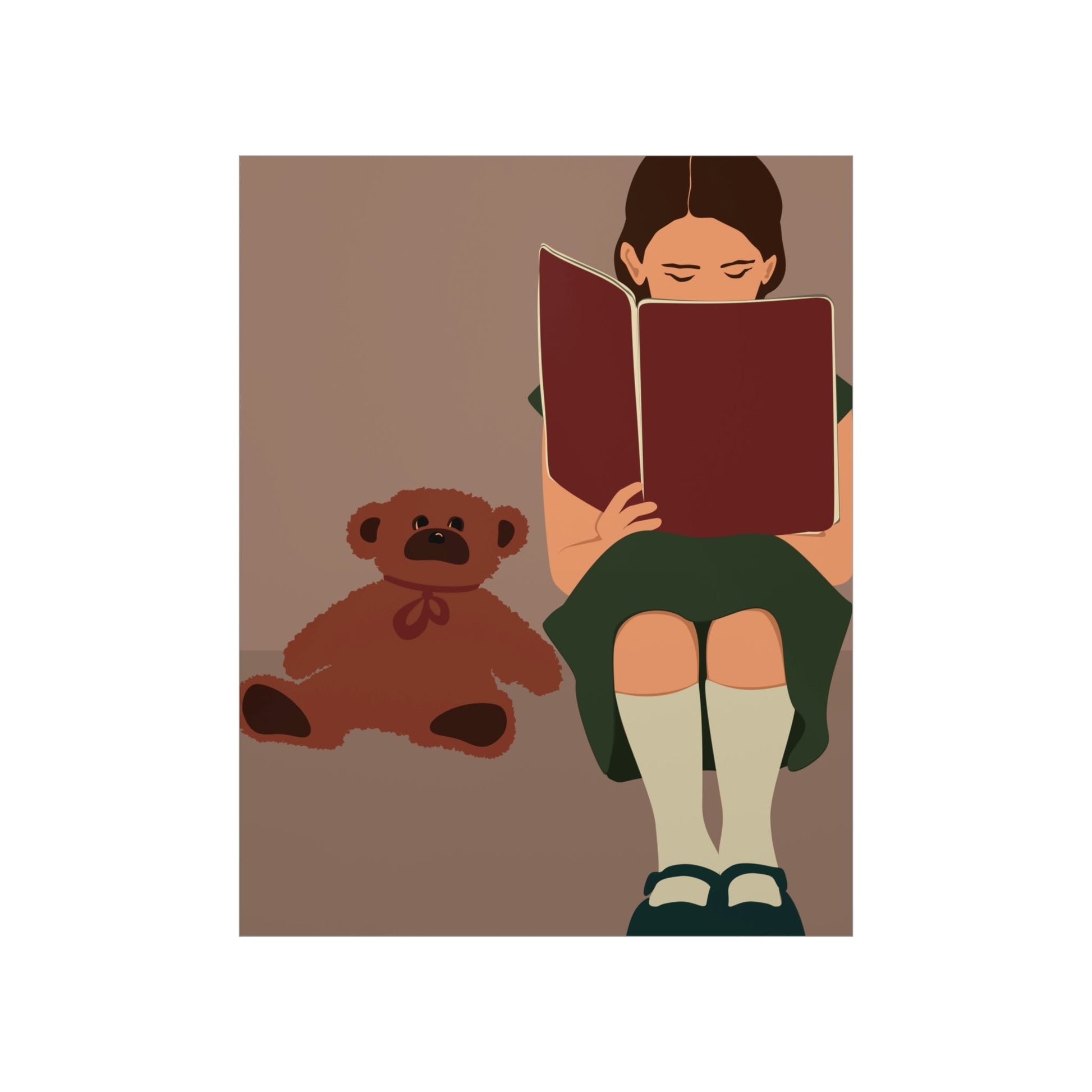 Woman Reading Book with Bear Cozy Cute Graphic Art Premium Matte Vertical Posters Ichaku [Perfect Gifts Selection]