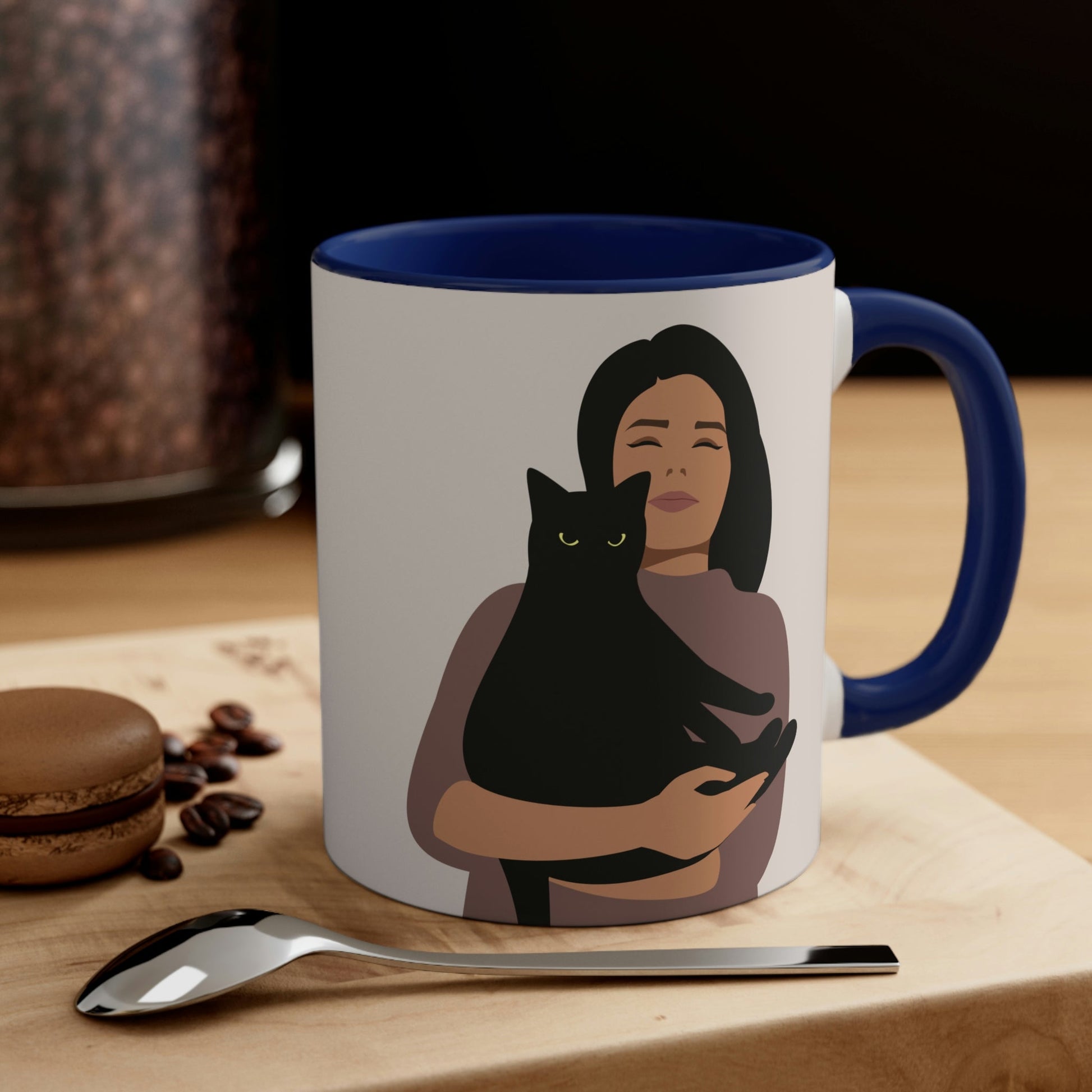Woman with Black Cat Mininal Aesthetic Art Accent Coffee Mug 11oz Ichaku [Perfect Gifts Selection]