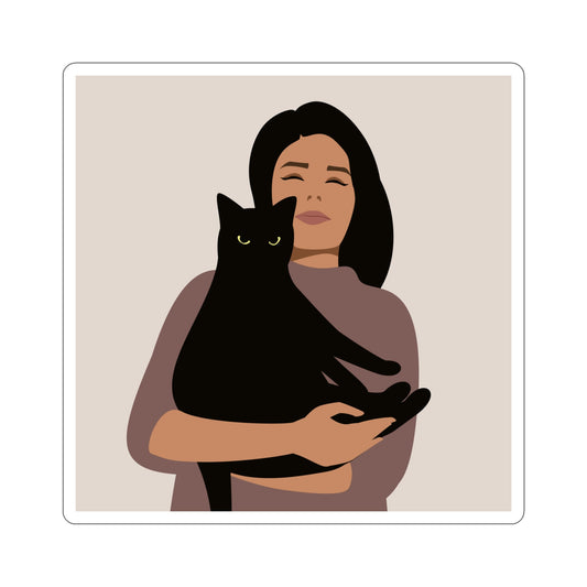 Woman with Black Cat Mininal Aesthetic Art Die-Cut Sticker Ichaku [Perfect Gifts Selection]