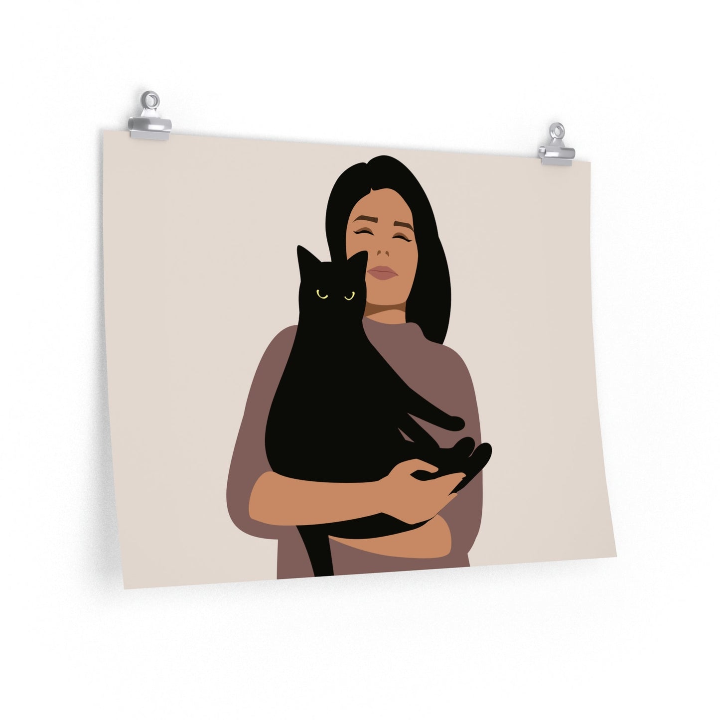Woman with Black Cat Mininal Aesthetic Art Premium Matte Horizontal Posters Ichaku [Perfect Gifts Selection]