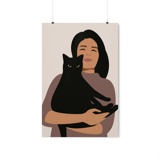 Woman with Black Cat Mininal Aesthetic Art Premium Matte Vertical Posters Ichaku [Perfect Gifts Selection]