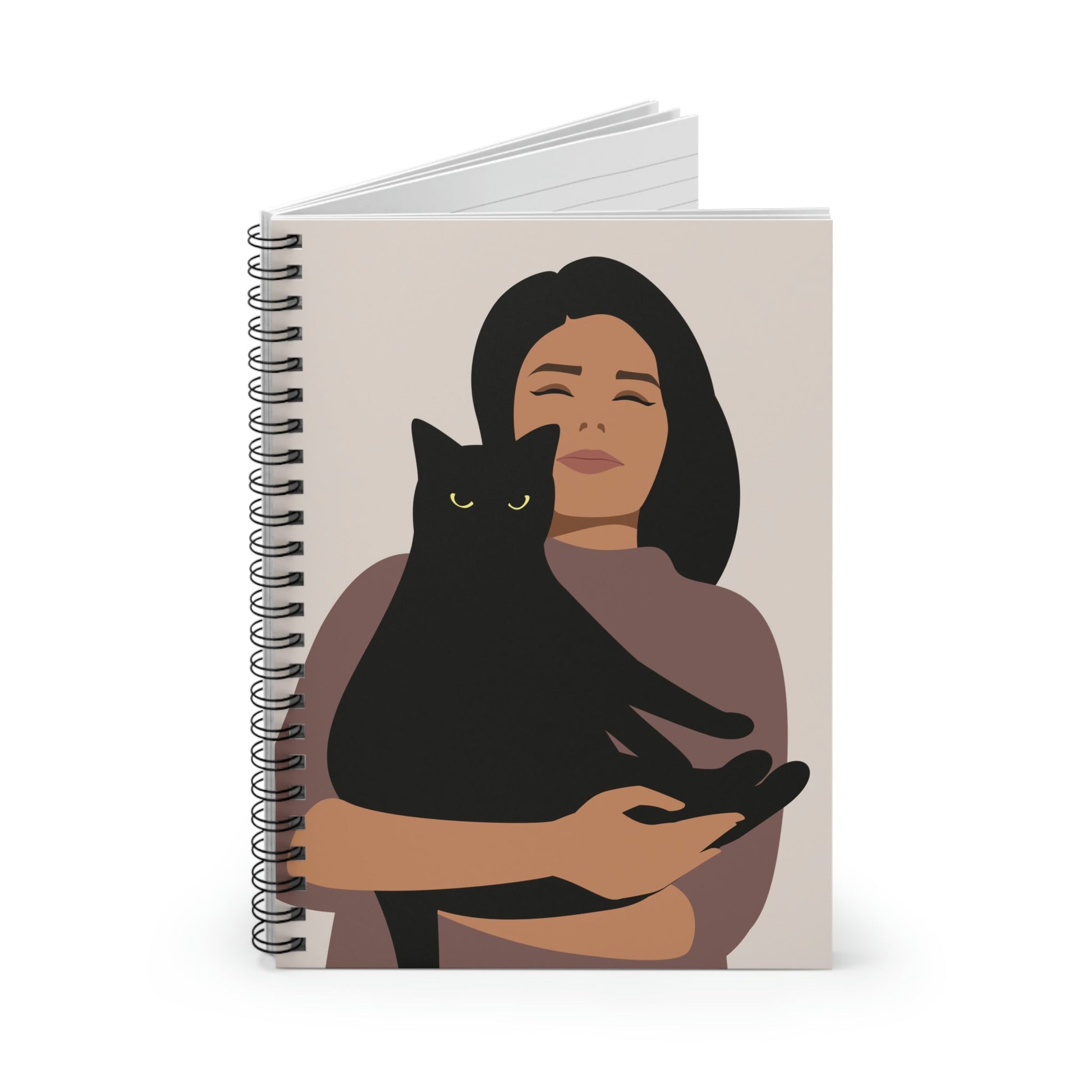 Woman with Black Cat Mininal Aesthetic Art Spiral Notebook Ruled Line Ichaku [Perfect Gifts Selection]