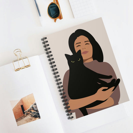 Woman with Black Cat Mininal Aesthetic Art Spiral Notebook Ruled Line Ichaku [Perfect Gifts Selection]