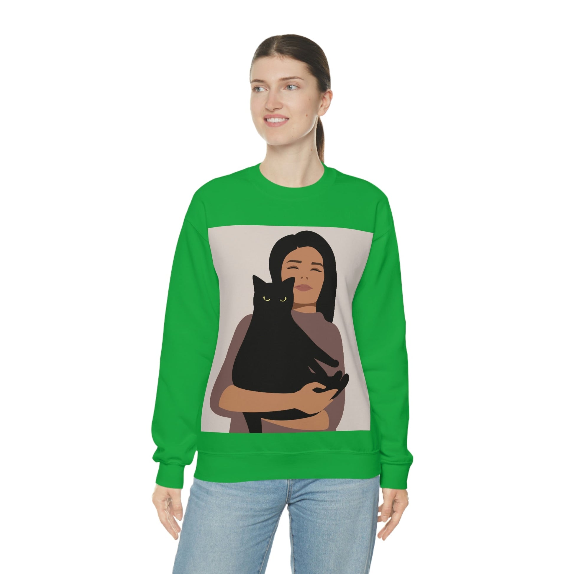 Woman with Black Cat Mininal Aesthetic Art Unisex Heavy Blend™ Crewneck Sweatshirt Ichaku [Perfect Gifts Selection]