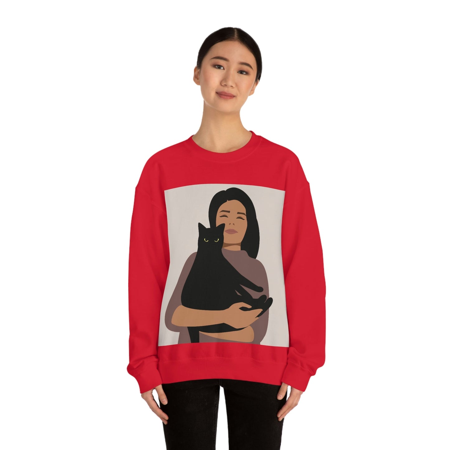 Woman with Black Cat Mininal Aesthetic Art Unisex Heavy Blend™ Crewneck Sweatshirt Ichaku [Perfect Gifts Selection]