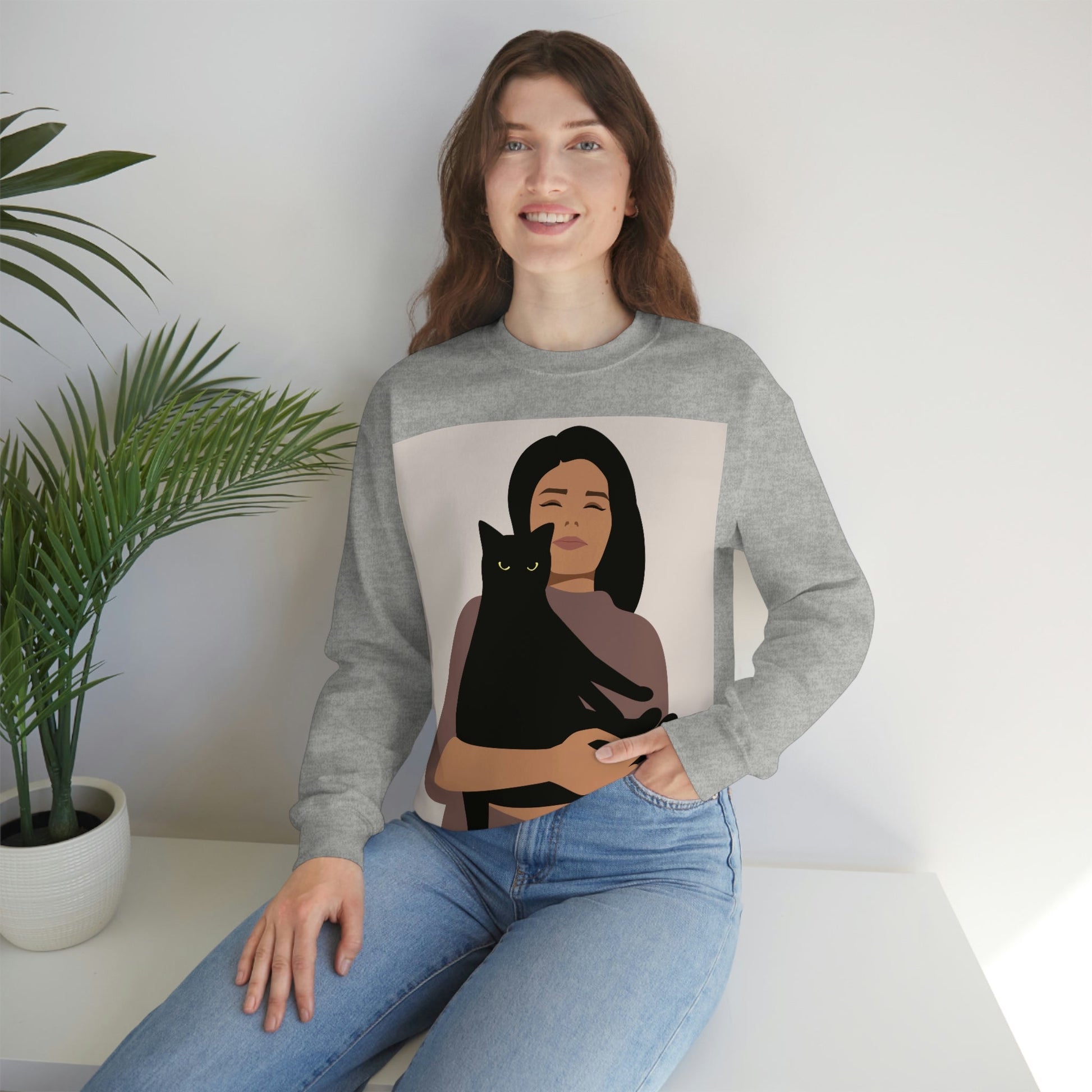 Woman with Black Cat Mininal Aesthetic Art Unisex Heavy Blend™ Crewneck Sweatshirt Ichaku [Perfect Gifts Selection]