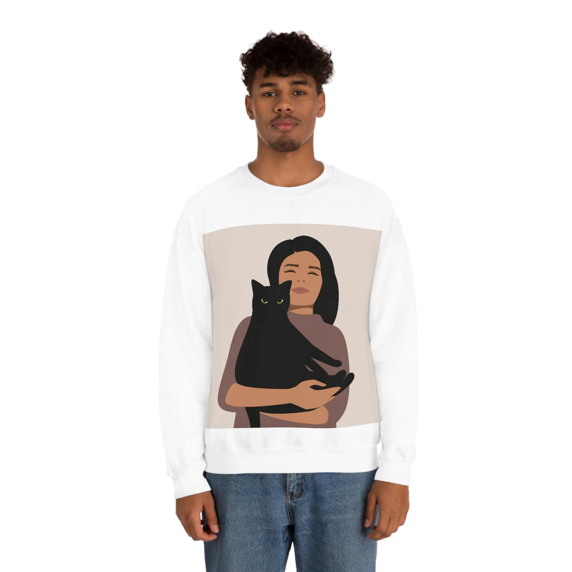 Woman with Black Cat Mininal Aesthetic Art Unisex Heavy Blend™ Crewneck Sweatshirt Ichaku [Perfect Gifts Selection]