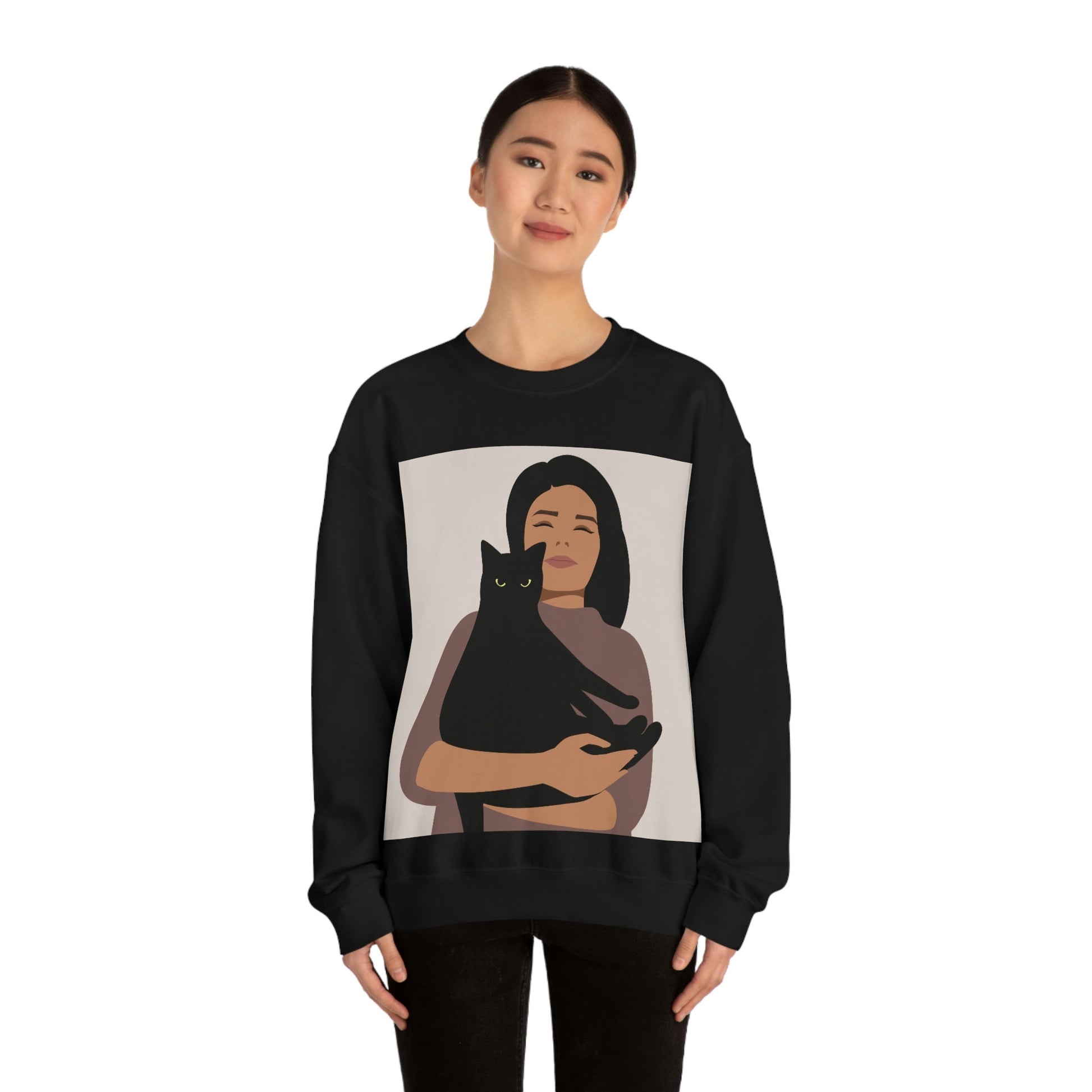 Woman with Black Cat Mininal Aesthetic Art Unisex Heavy Blend™ Crewneck Sweatshirt Ichaku [Perfect Gifts Selection]