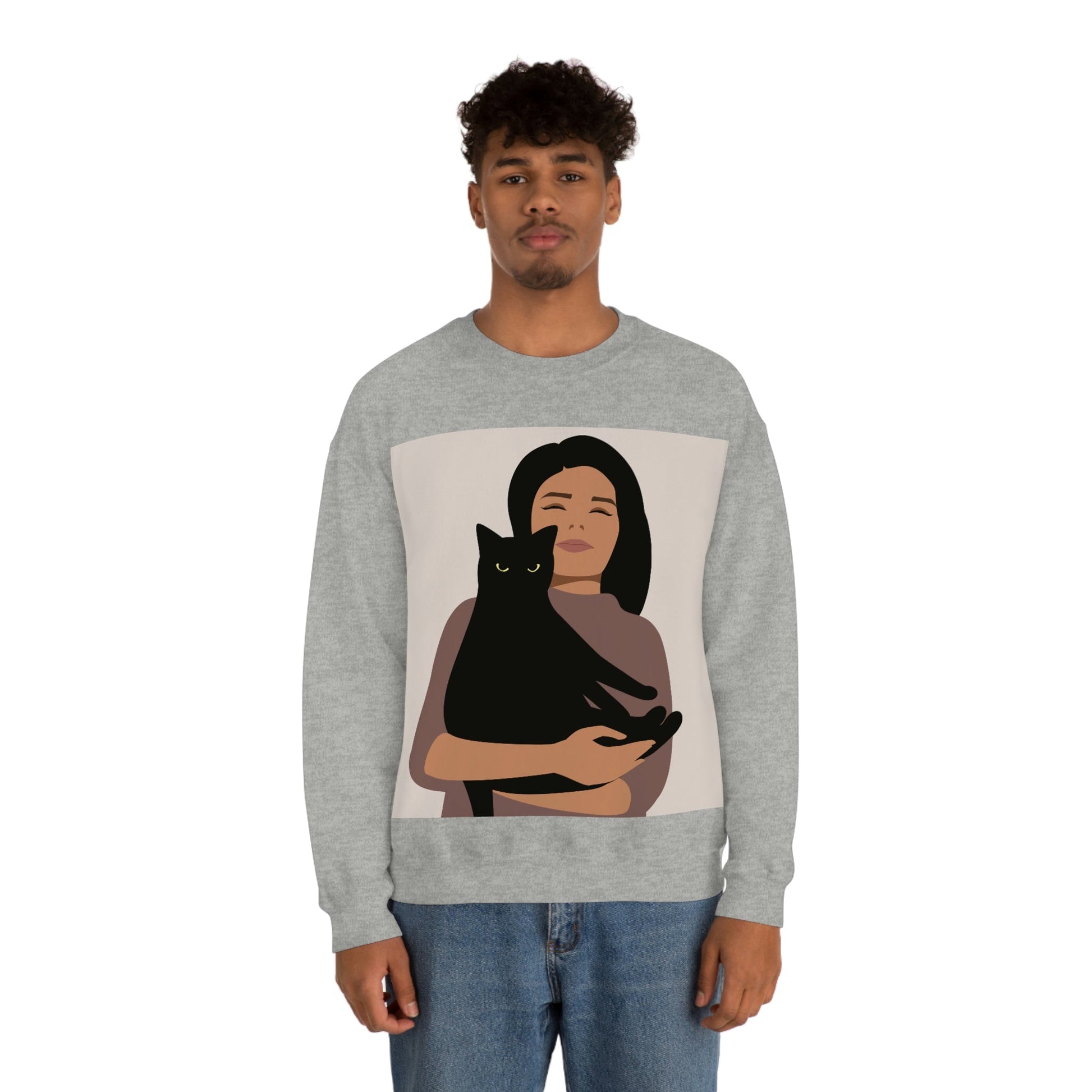 Woman with Black Cat Mininal Aesthetic Art Unisex Heavy Blend™ Crewneck Sweatshirt Ichaku [Perfect Gifts Selection]