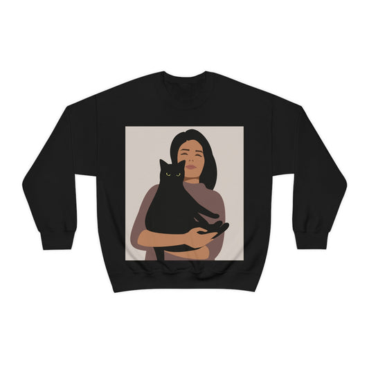 Woman with Black Cat Mininal Aesthetic Art Unisex Heavy Blend™ Crewneck Sweatshirt Ichaku [Perfect Gifts Selection]