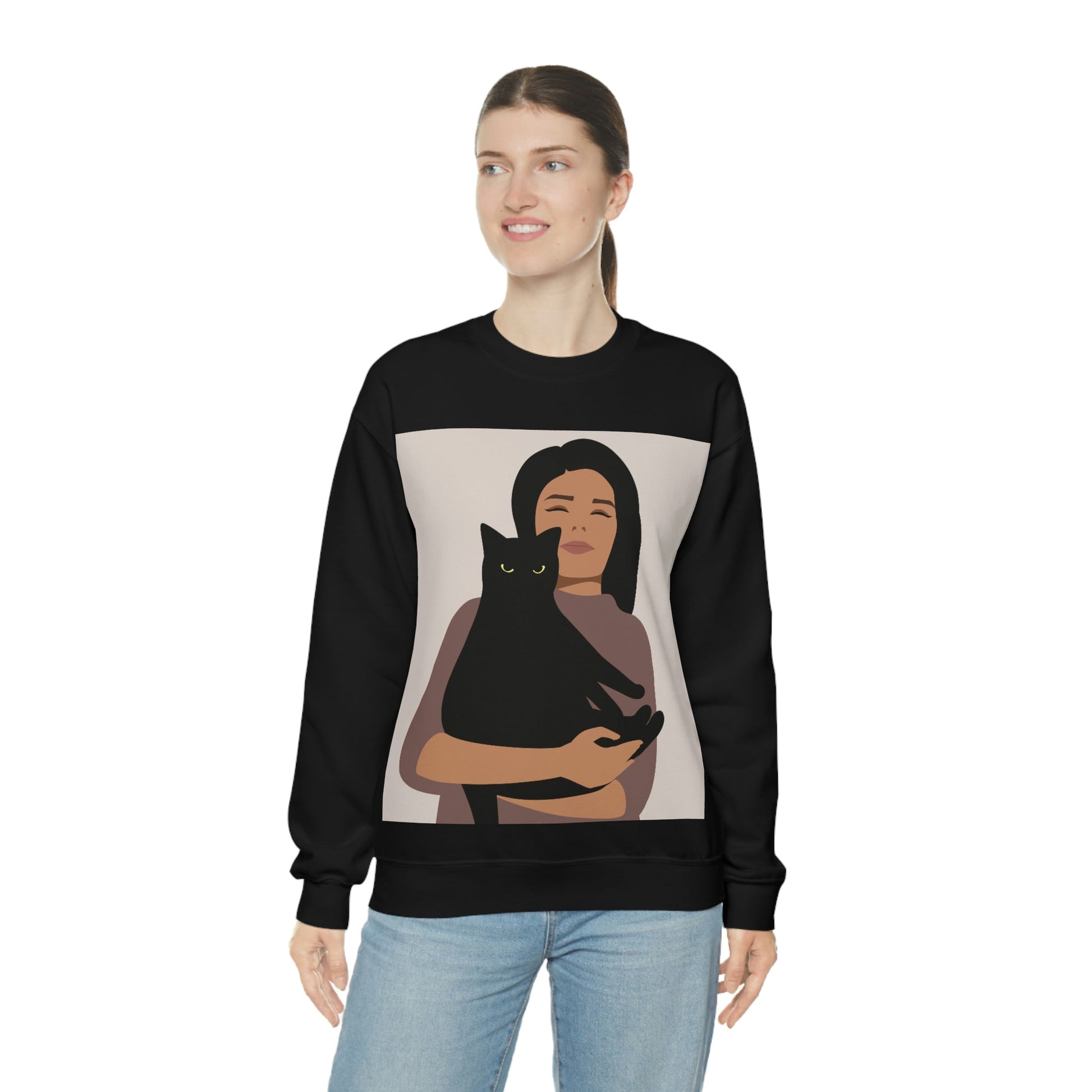 Woman with Black Cat Mininal Aesthetic Art Unisex Heavy Blend™ Crewneck Sweatshirt Ichaku [Perfect Gifts Selection]